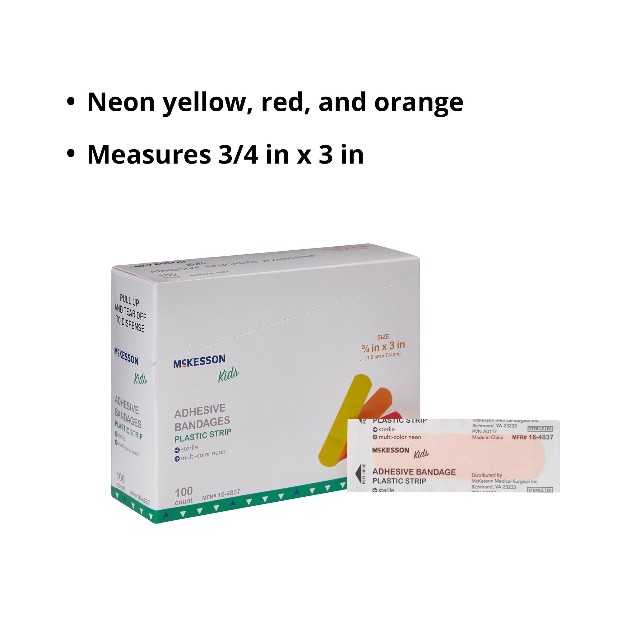 adhesive strip mckesson kids 3 4 x 3 inch plastic rectangle neon sterile packaging type box