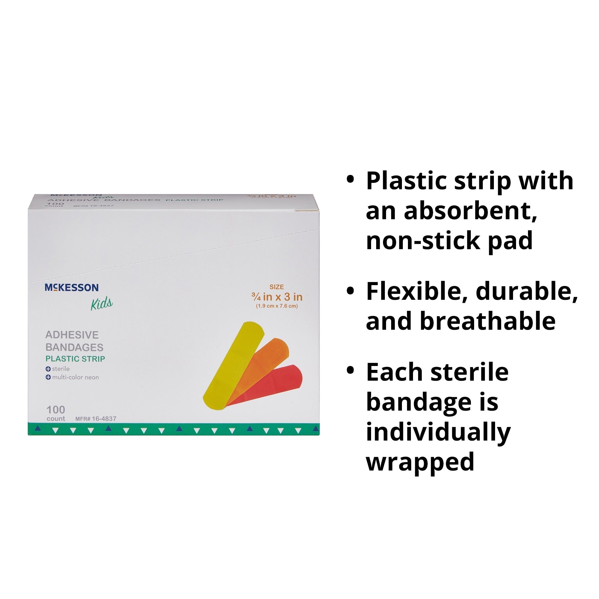 adhesive strip mckesson kids 3 4 x 3 inch plastic rectangle neon sterile packaging type box