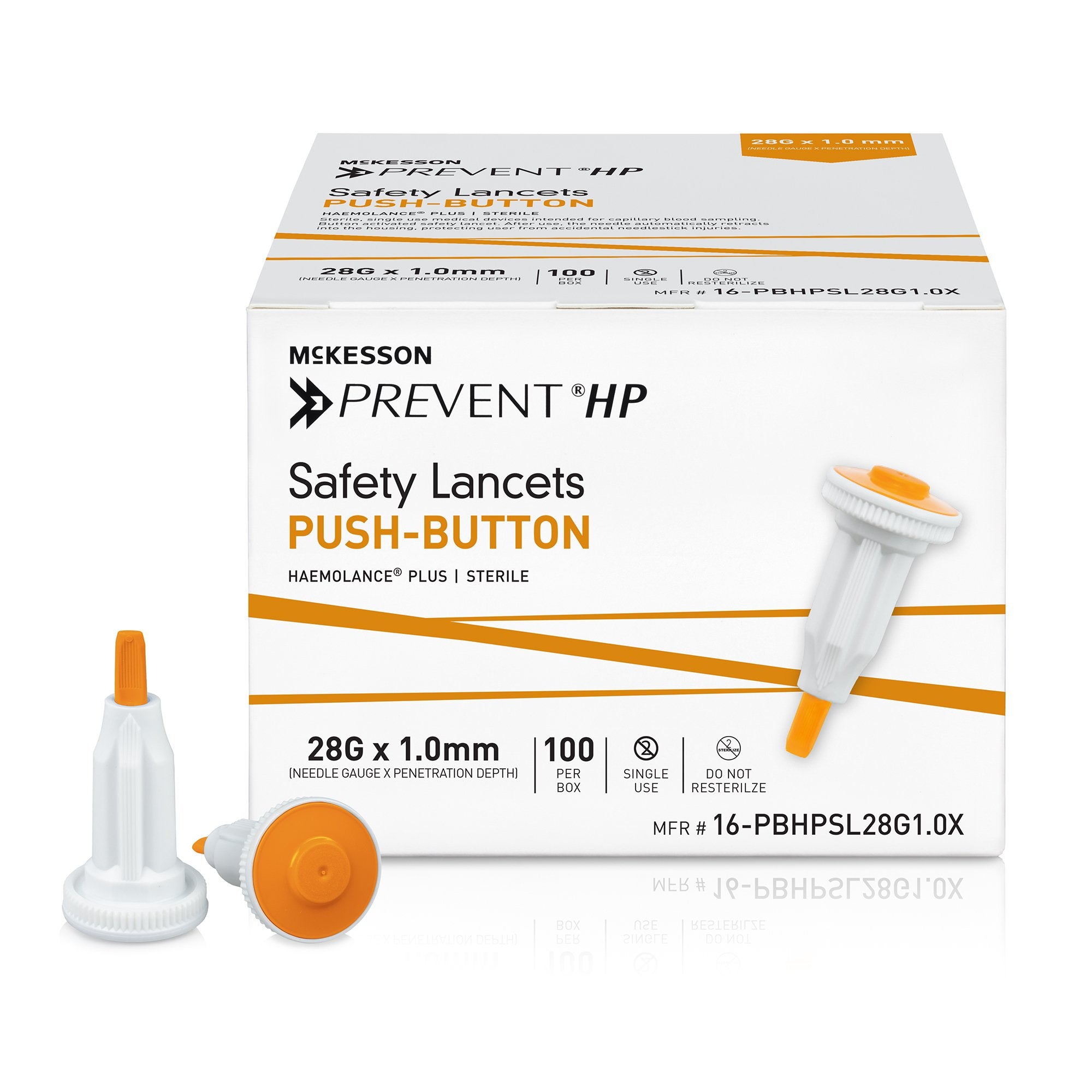Safety Lancet McKesson Prevent HP 28 Gauge Retractable Push Button Activation Finger