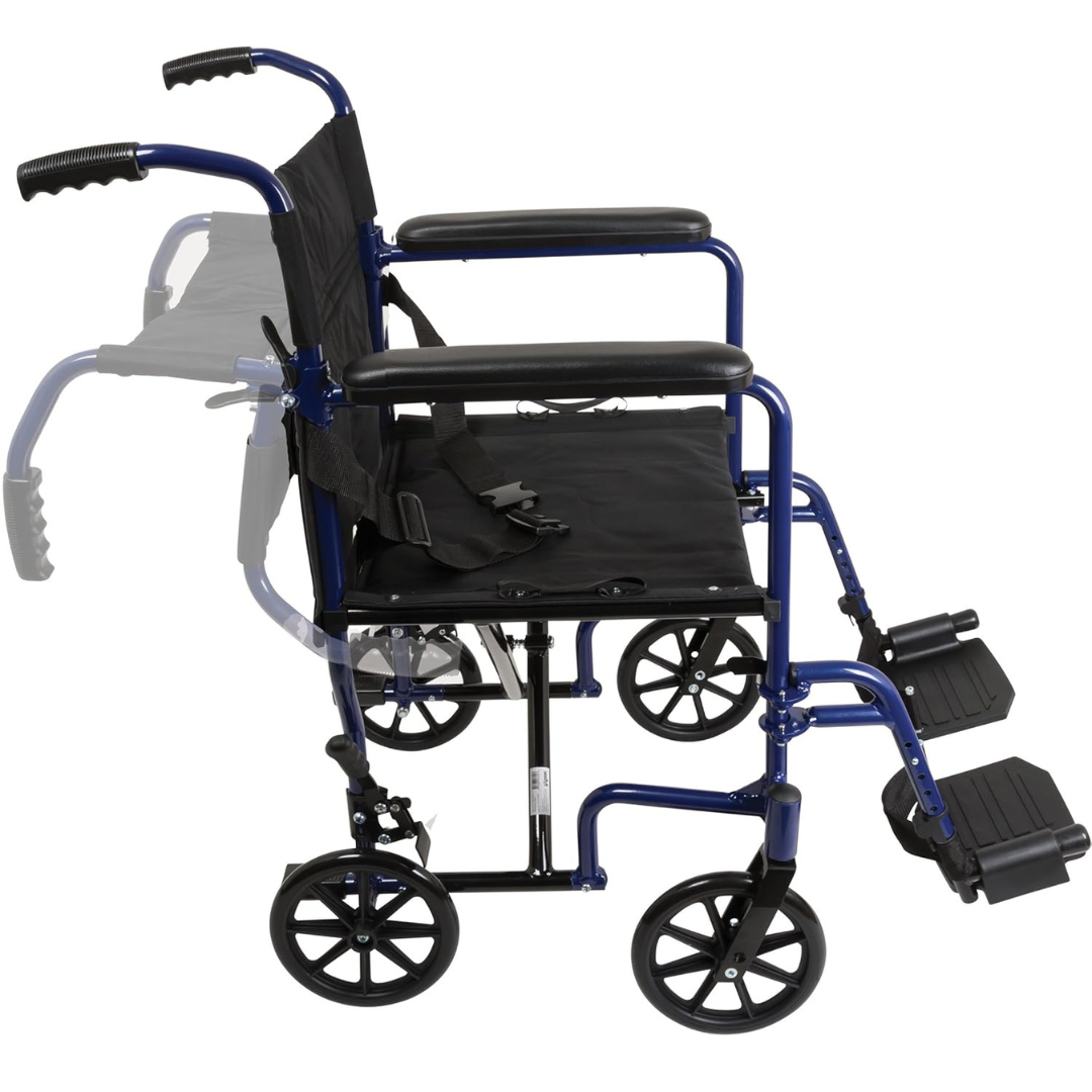 Probasics Aluminum Transport Wheelchair with Padded full-length permanent armrests and Swing-away Footrests ,Composite 8" Wheels ,300 lbs Weight Capacity ,TCA1916BL