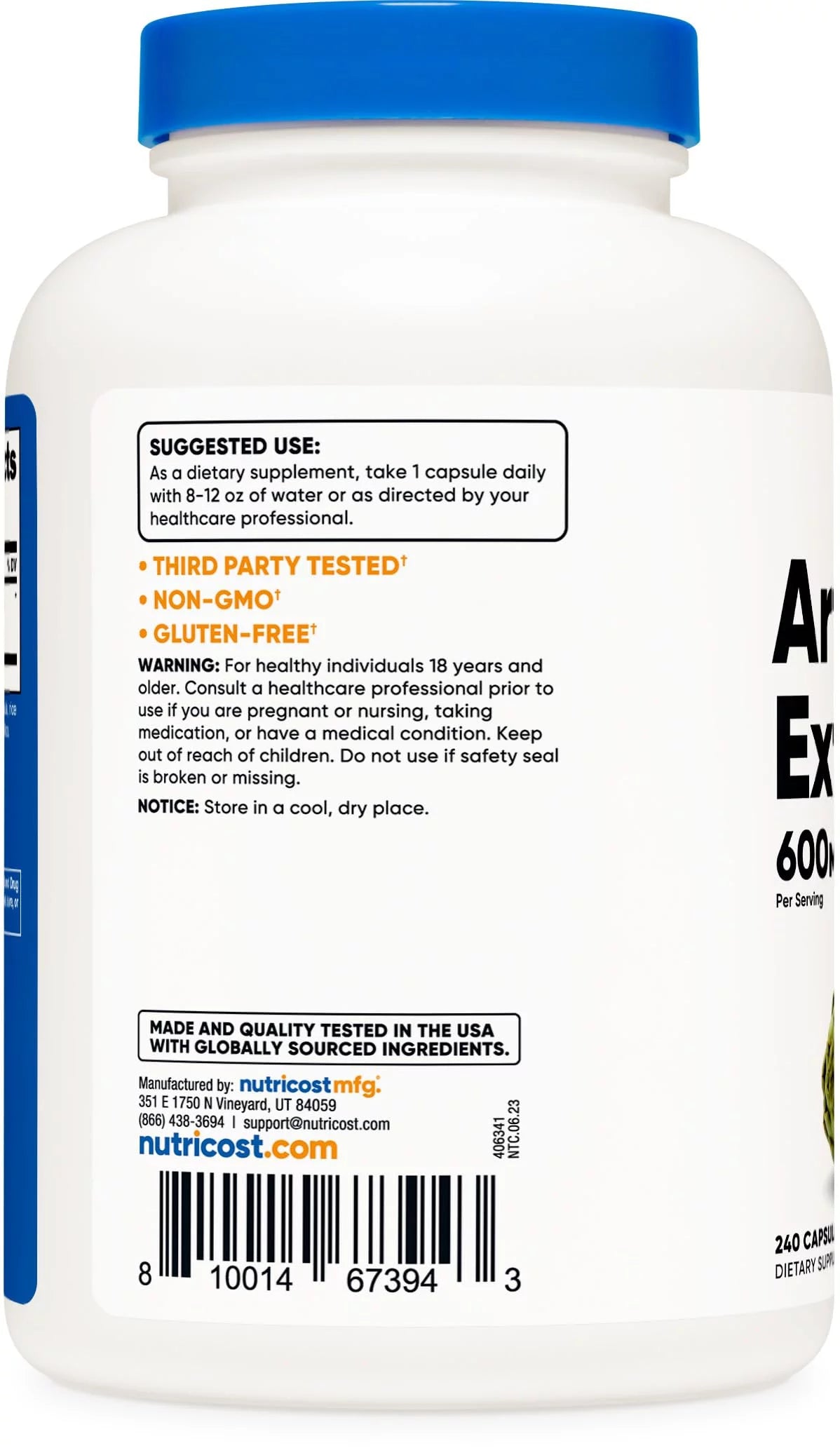 Artichoke Extract 600Mg, 240 Vegetarian Capsules Non Gmo Supplement