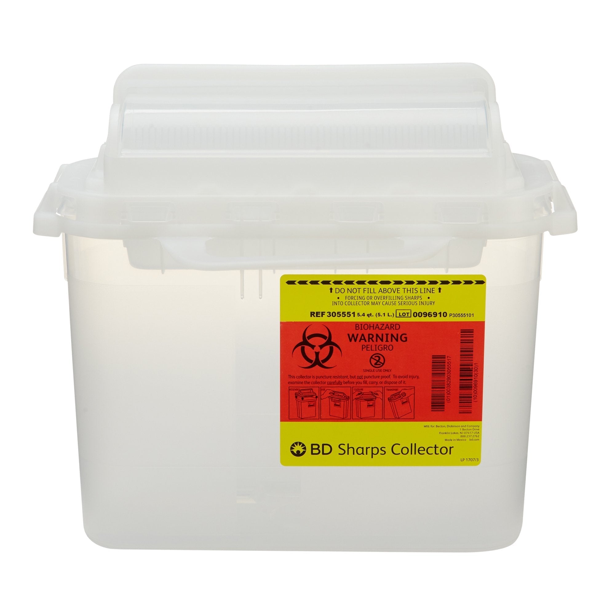 Sharps Container BD Translucent White Base 12 H X 12 W X 4 4/5 D Inch Horizontal Entry 1.35 Gallon