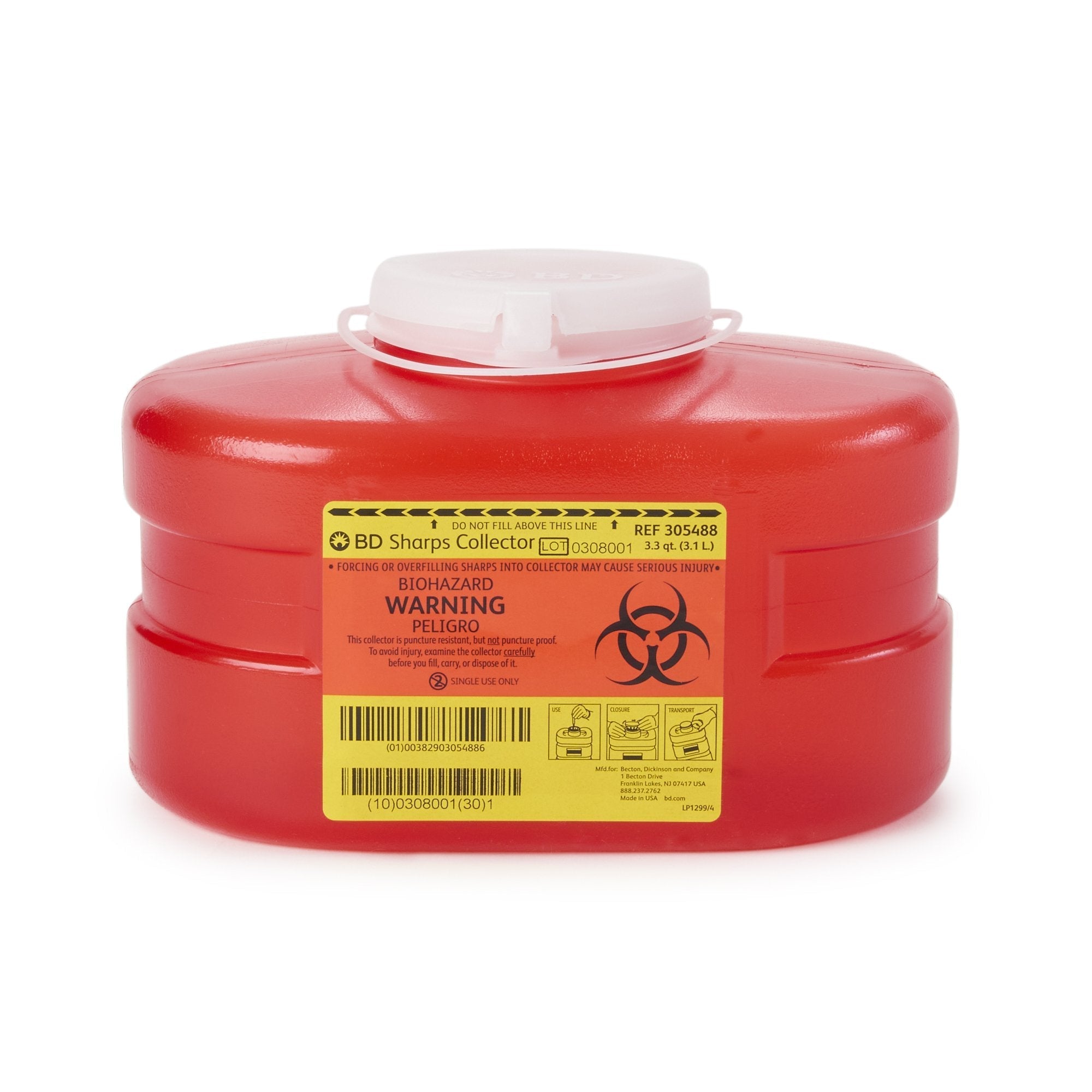 Sharps Container BD Red Base 5 3/10 H X 9 1/10 W X 5 D Inch Vertical Entry 0.825 Gallon