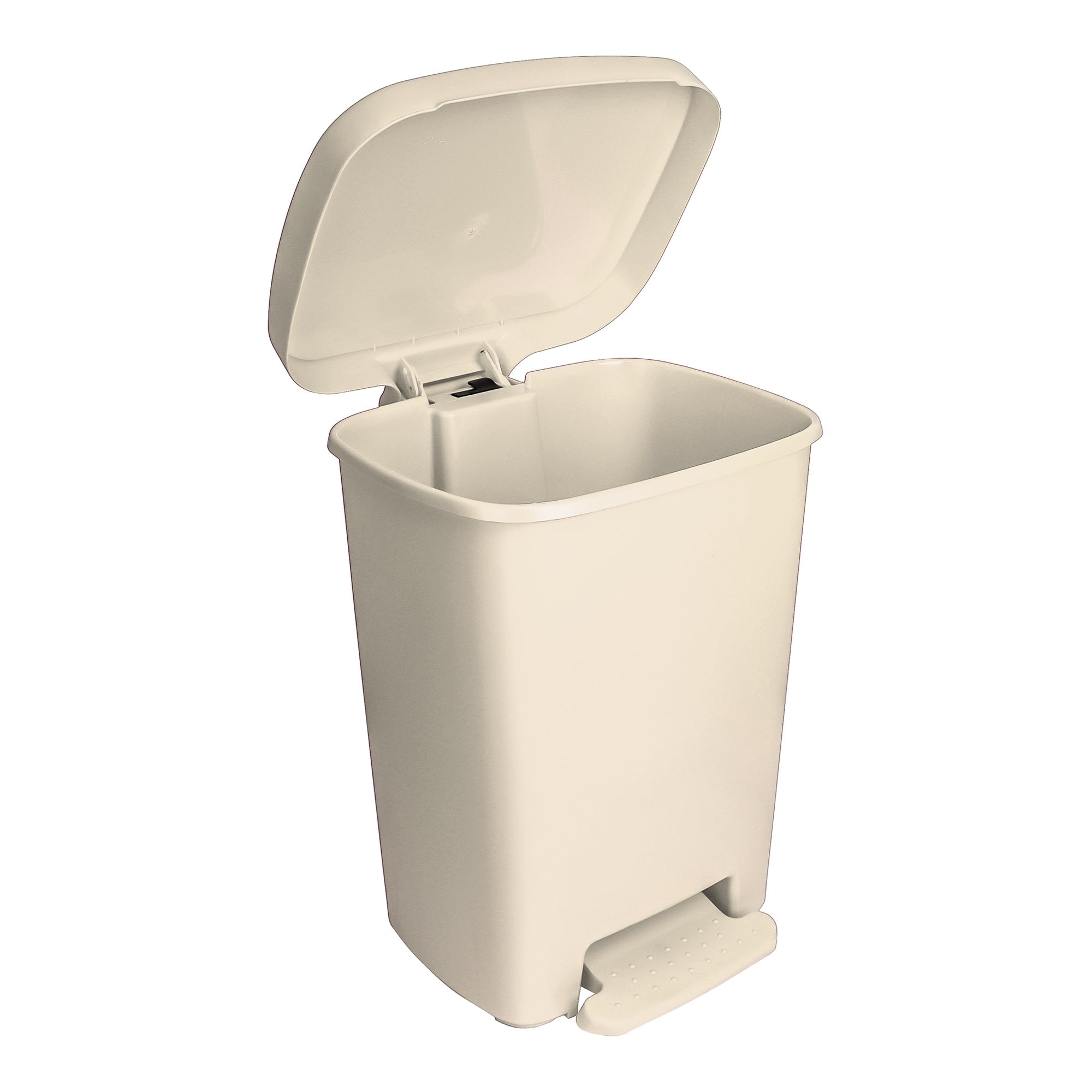 Beige pedal trash bin with open lid.