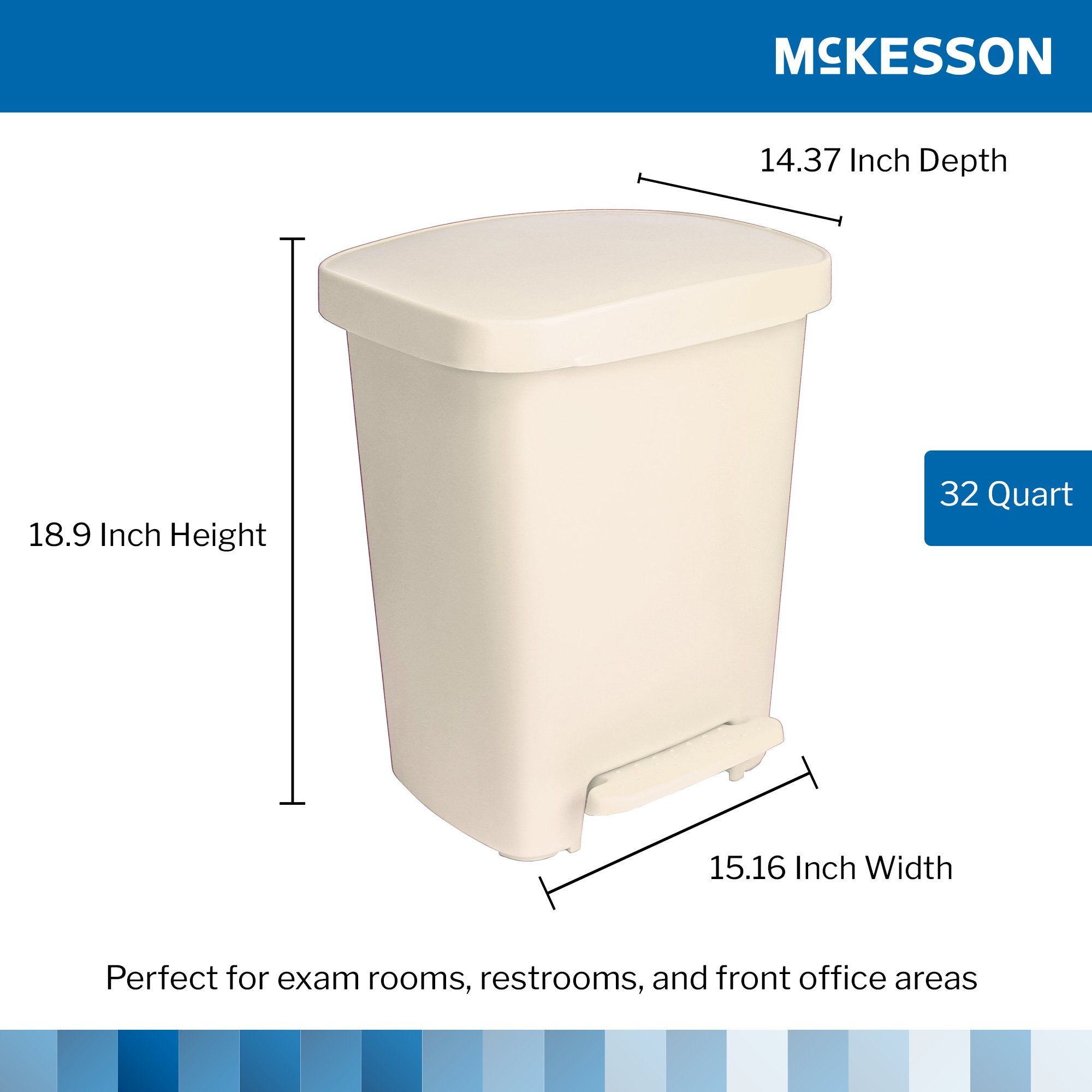 Beige 32 quart pedal trash bin with dimensions.