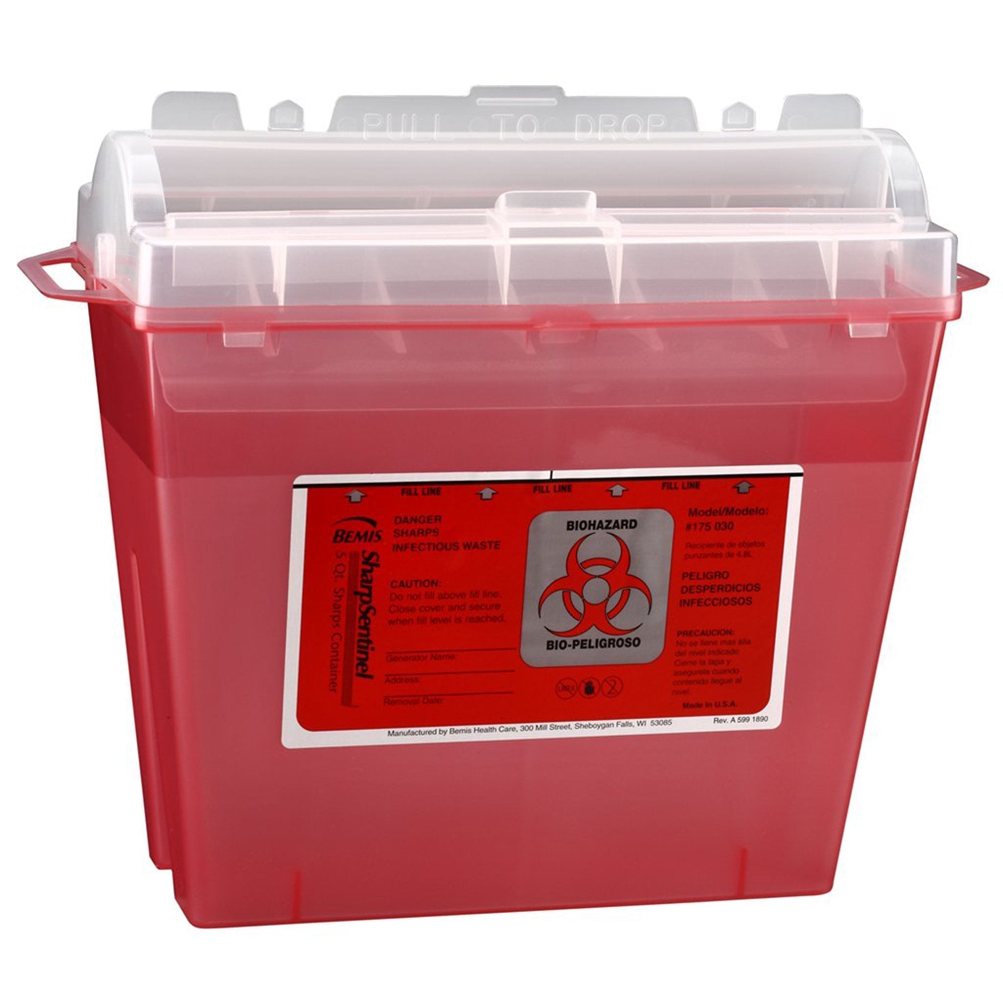 Sharps Container Bemis Sentinel Translucent Red Base 10 H X 5 1/4 W X 11 D Inch Horizontal Entry 1.25 Gallon