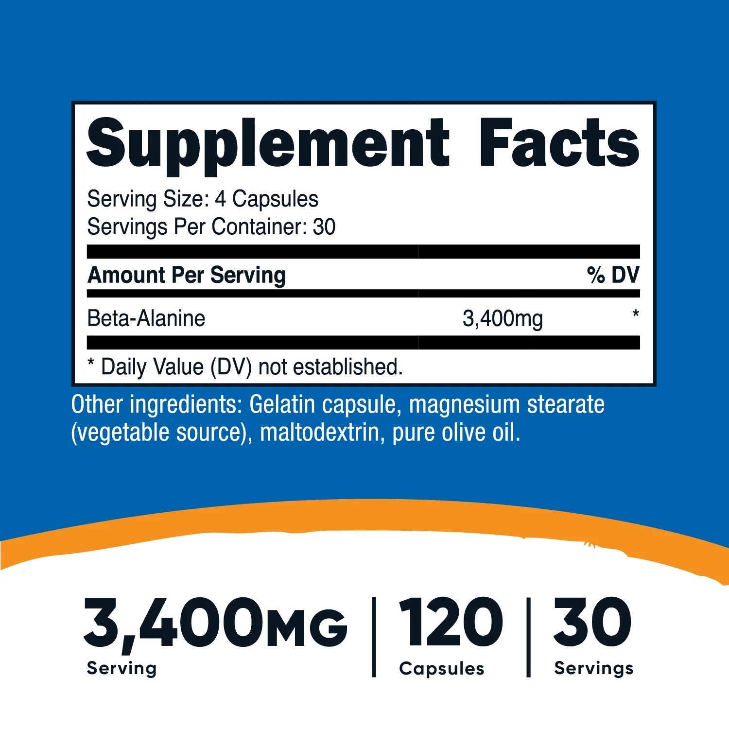 Beta Alanine Supplement 120 Capsules, 30 Servings, 3,400Mg per Serving