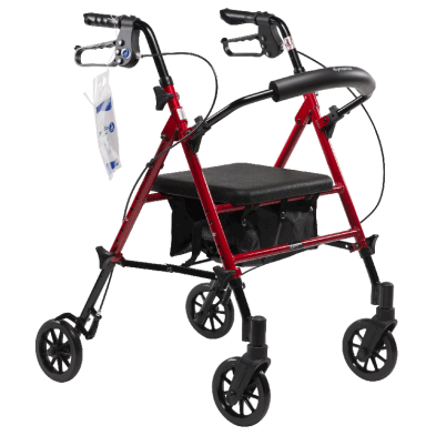 Dynarex DynaGo Flex - Adjustable Seat Height with Detachable 6inch Caster, Weight Capacity 300lbs Aluminium Frame Foldable Rollator, Red, 10204