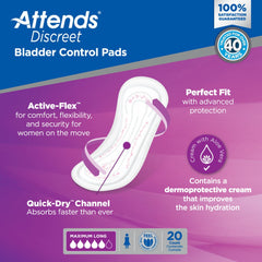 bladder control pad attends discreet 14 1 2 inch length moderate absorbency polymer core one size fits most packaging type case