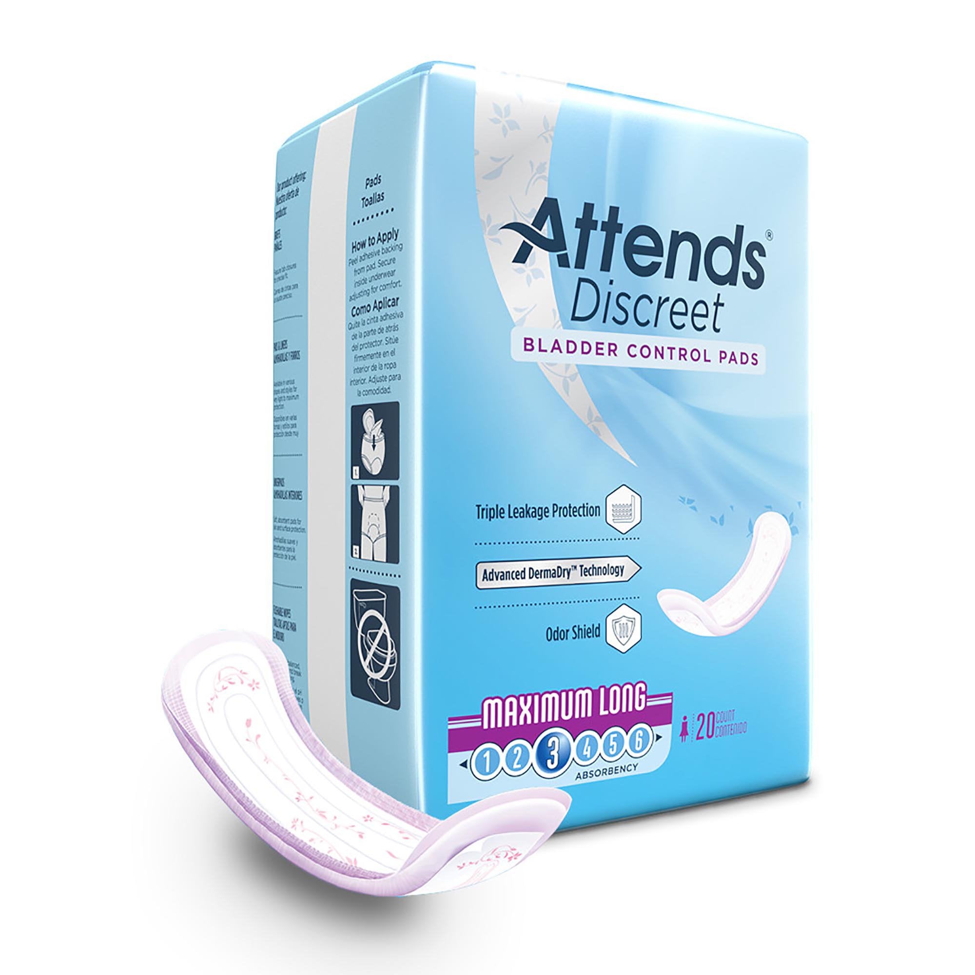 Bladder Control Pad Attends Discreet 14 1/2 Inch Length Moderate Absorbency Polymer Core One Size Fits Most
