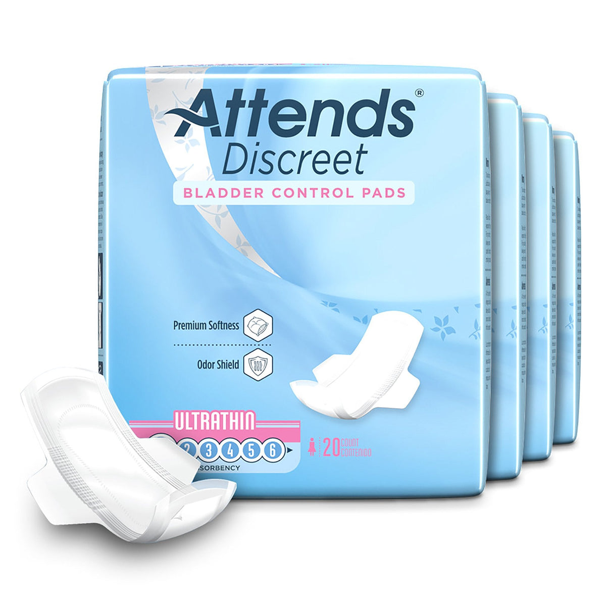 bladder control pad attends discreet ultra thin 9 inch length light absorbency polymer core one size fits most packaging type case