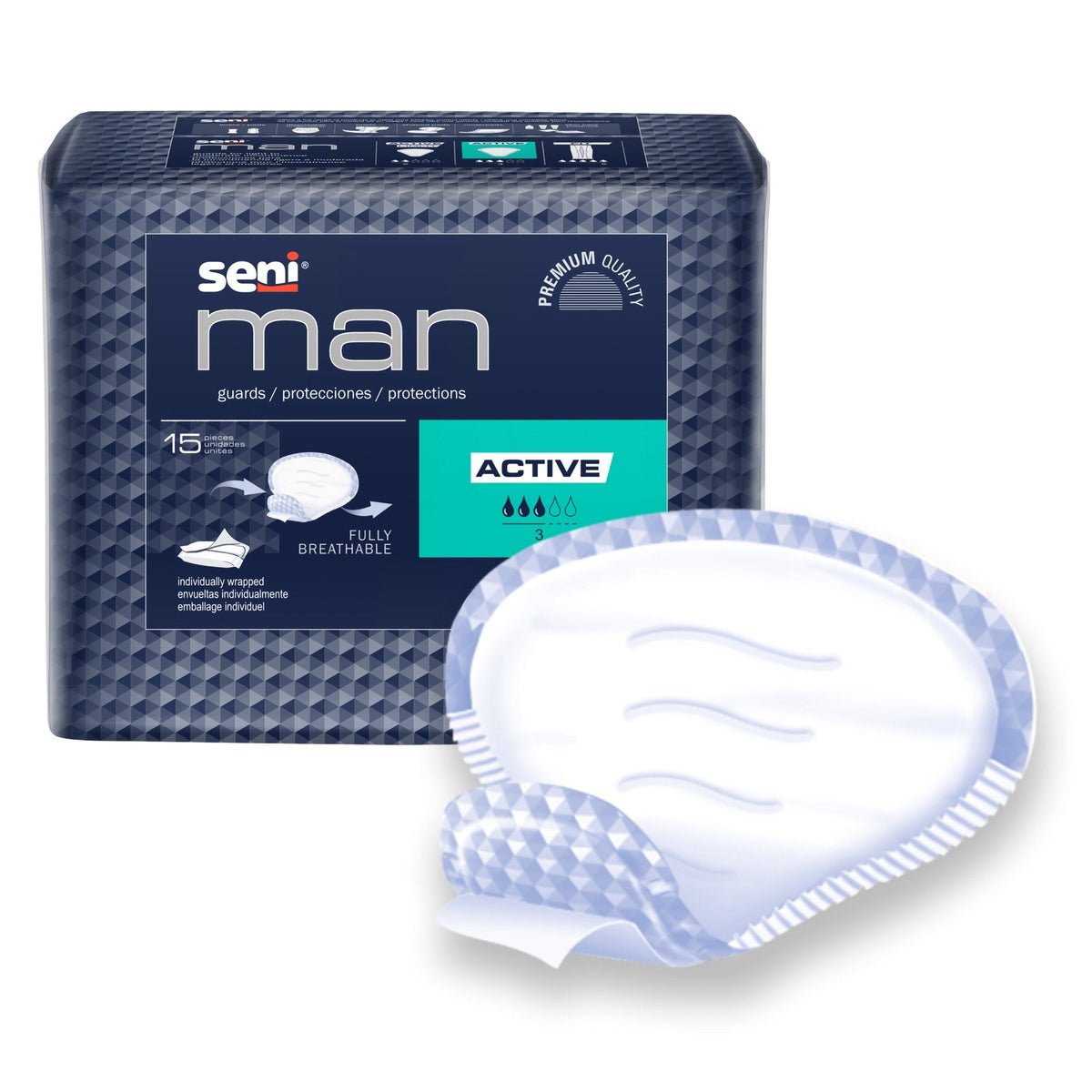 bladder control pad seni man active 8 9 10 x 10 3 5 inch moderate absorbency super absorbent core one size fits most packaging type case