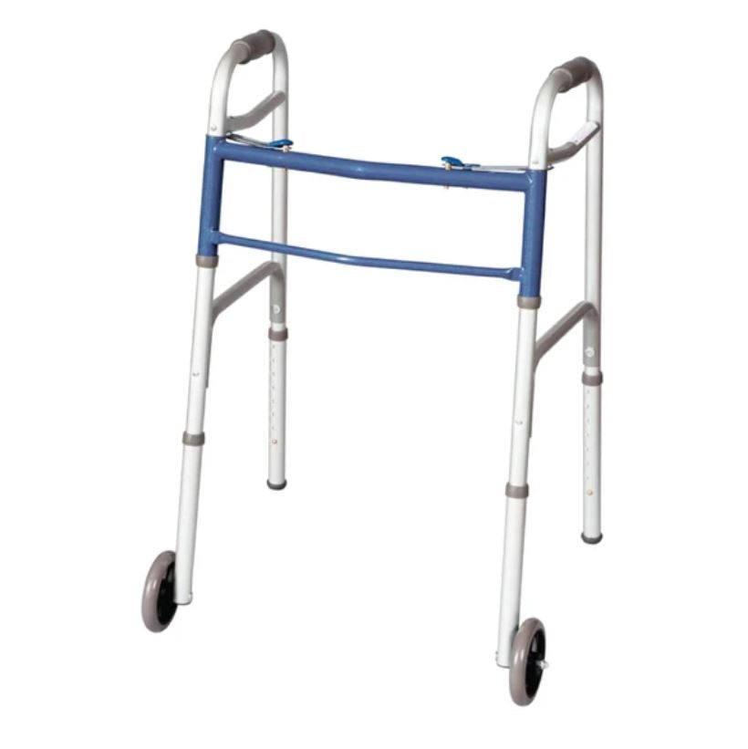 Carex Classics Dual Button Walker with Wheels Aluminum Lightweight Folding Walker Height Adjustment-31.75Inch to 37.75, Weight Support-300lbs, Wheel Size-5inch, Weight-7lbs, FGA87977 0000