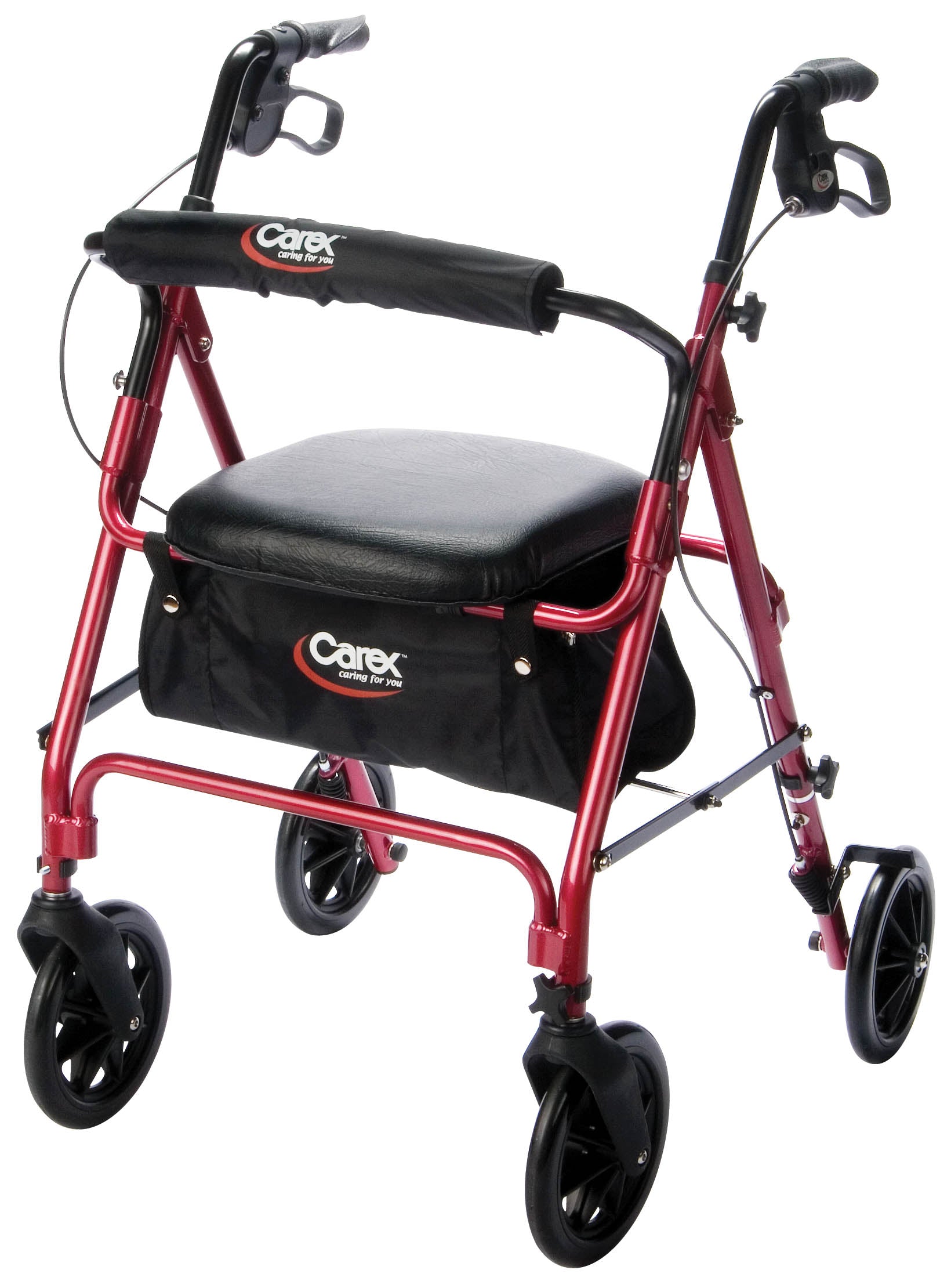 Carex Aluminium Rolling Walker For Seniors and Elders, Wheel size 8 inch With Height Adjustable handles from 33.75" to 38.75" , Weight Capacity 300lbs, Burgundy Color, Foldable, FGA22200 0000