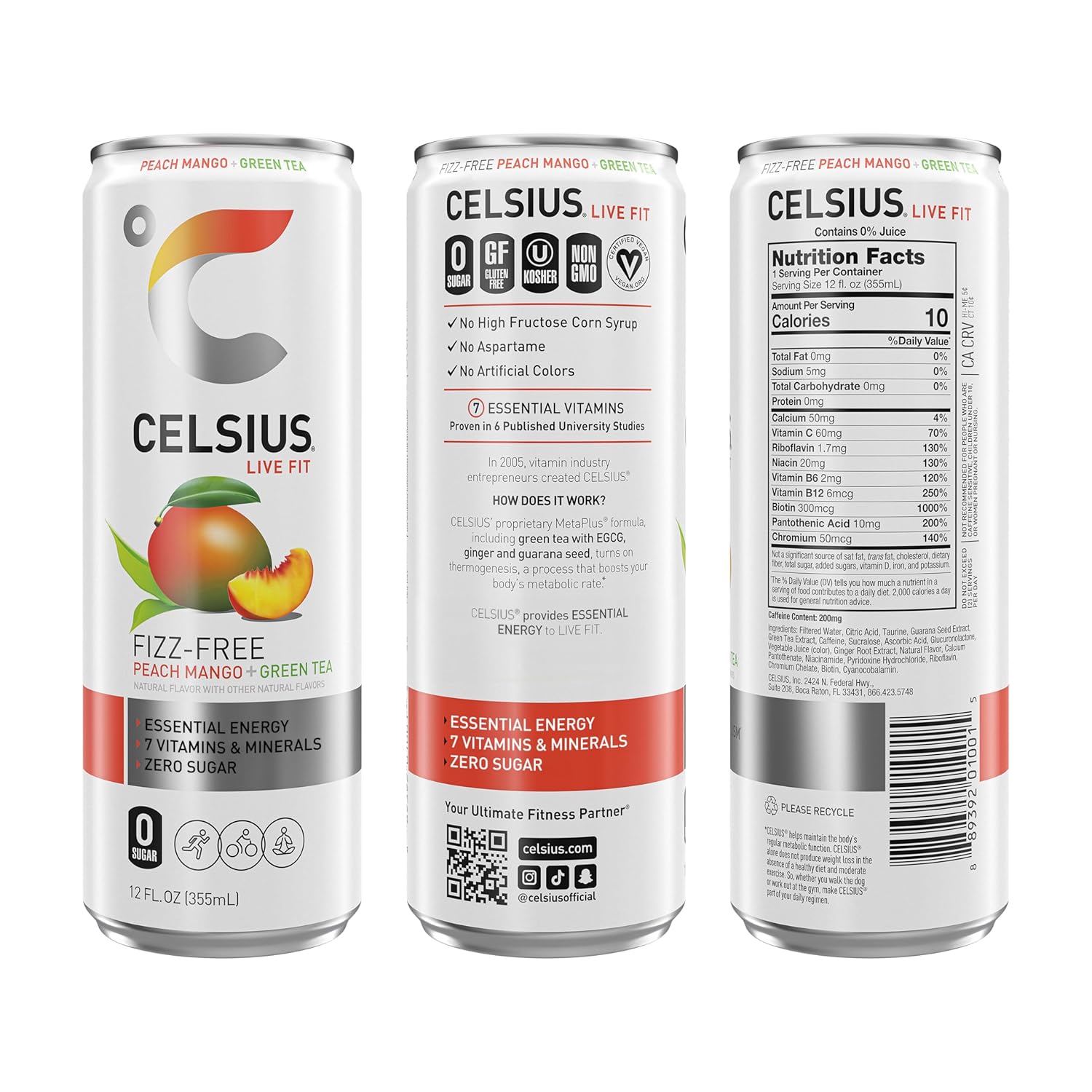 celcius live fit peach mango non carbonated green tea case of 12 12 fz