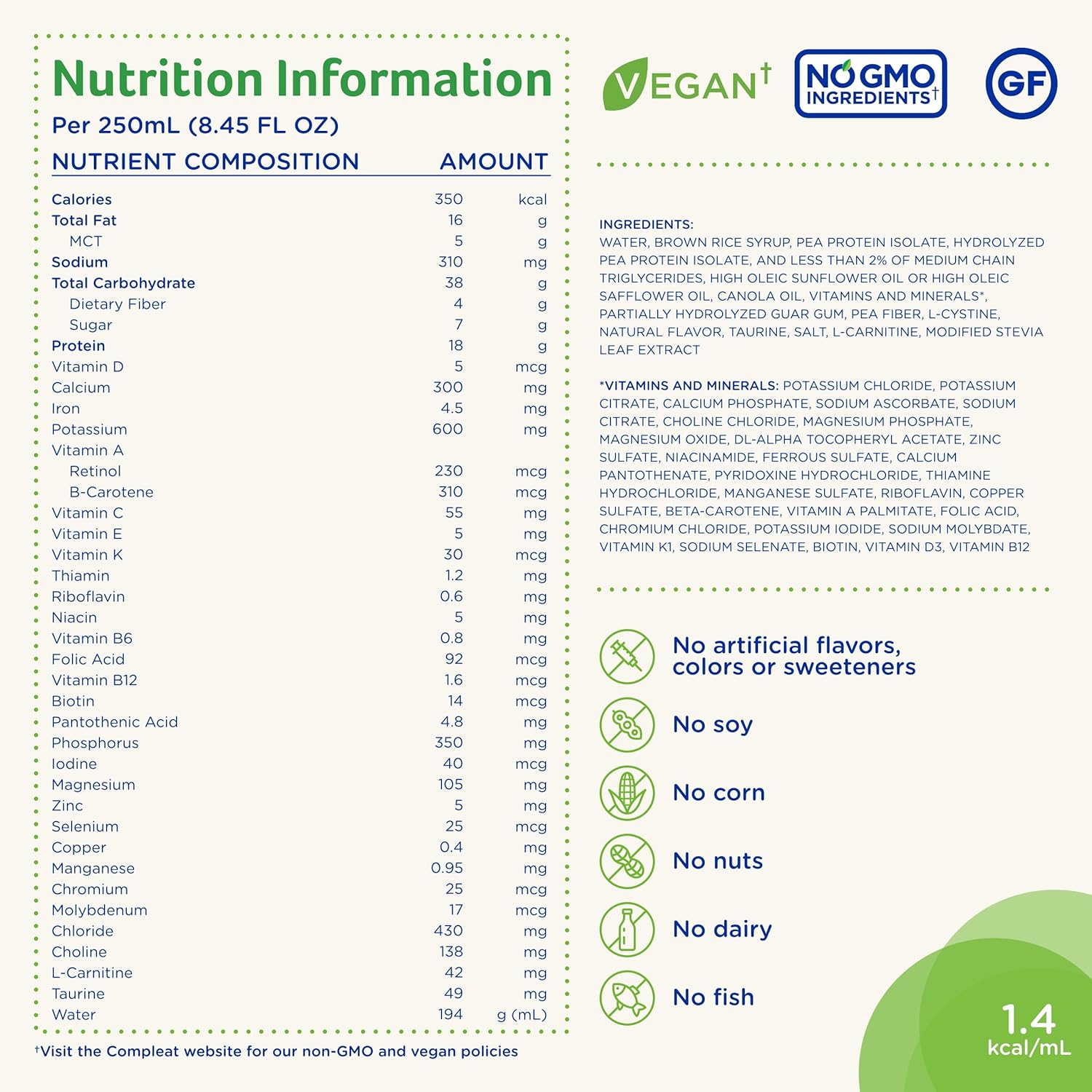 compleat standard 1 4 cal plant based tube feeding formula vanilla 1000 ml compleat standard 1 4 cal tube feeding formula mk1207052ea