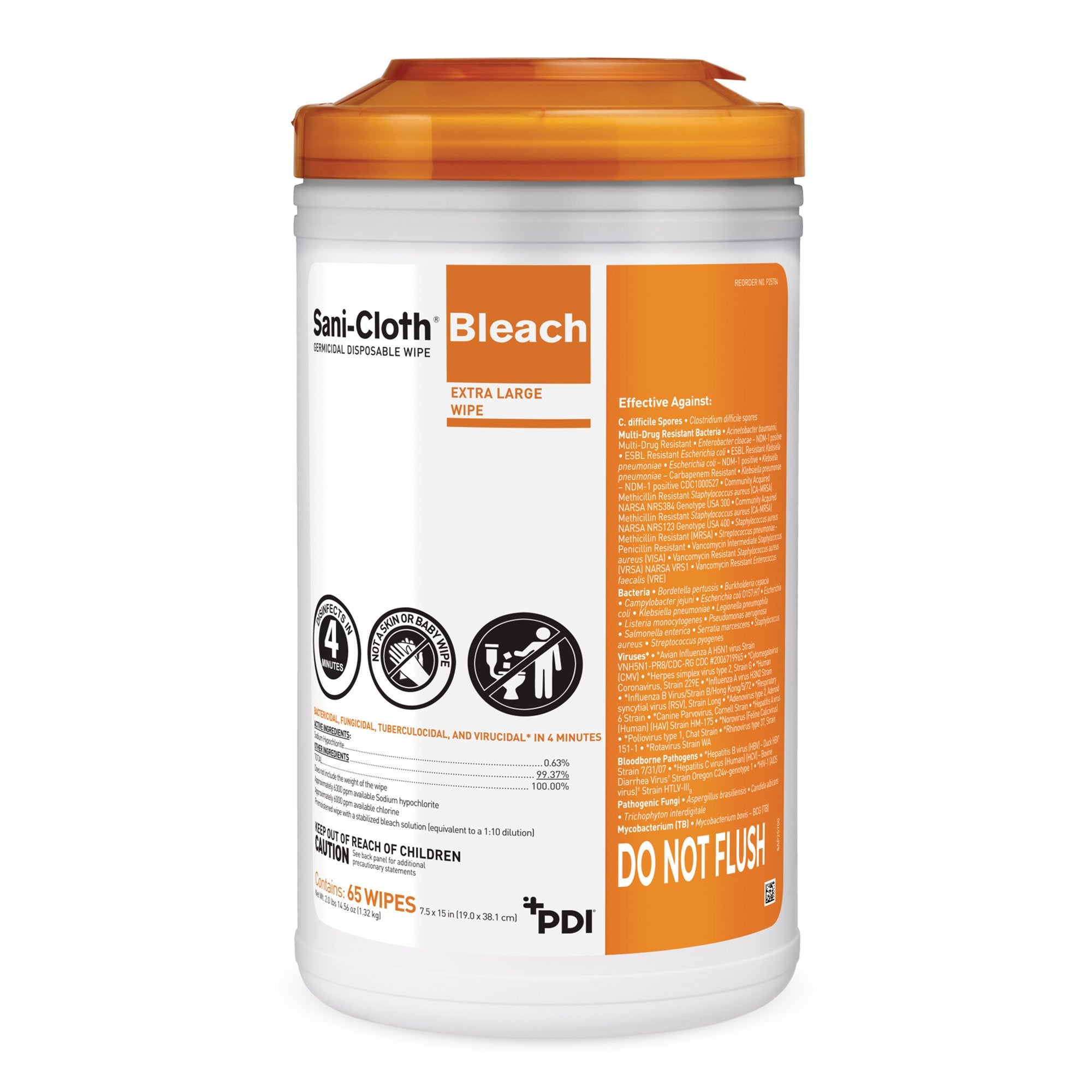 Sani Cloth Bleach Surface Disinfectant Cleaner Premoistened Germicidal Manual Pull Wipe 65 Count Canister Chlorine Scent NonSterile