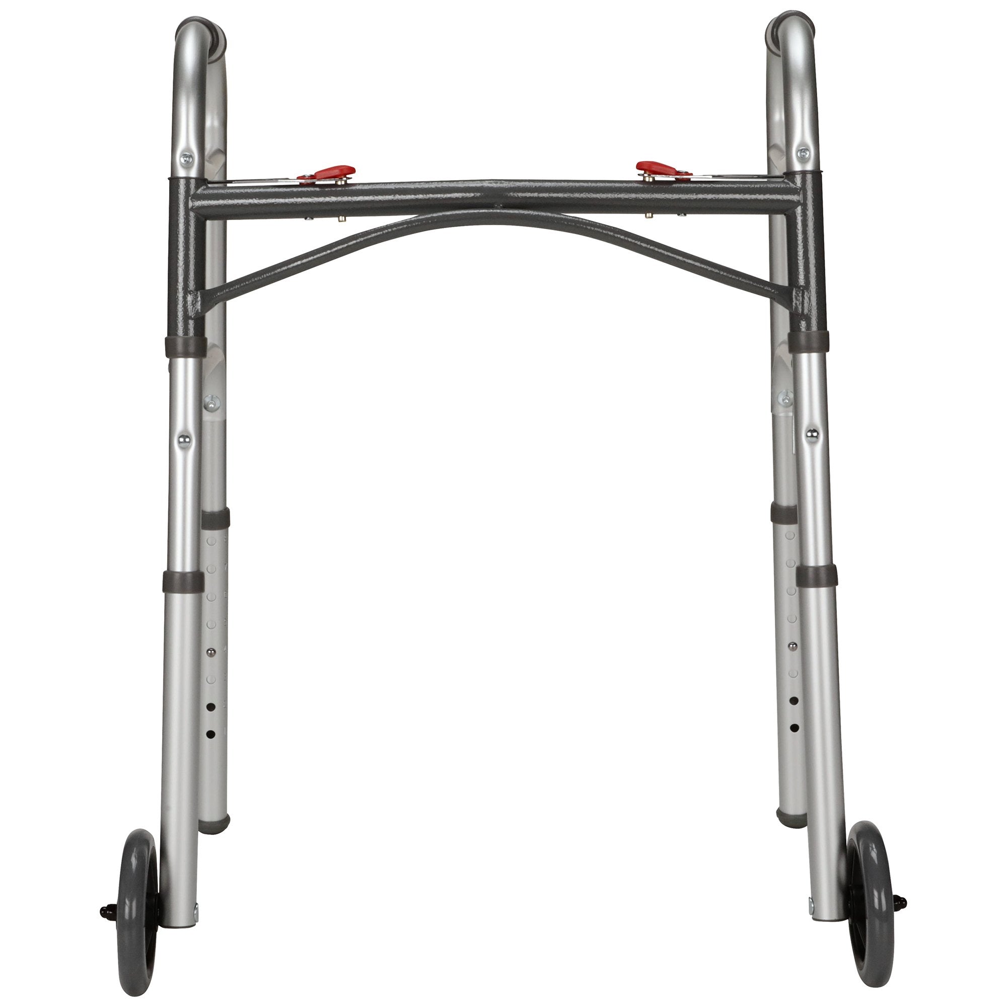 Dual Release Folding Walker with Wheels Adjustable Height McKesson Aluminum Frame 350 lbs. Weight Capacity 25 to 32 1/4 Inch Height