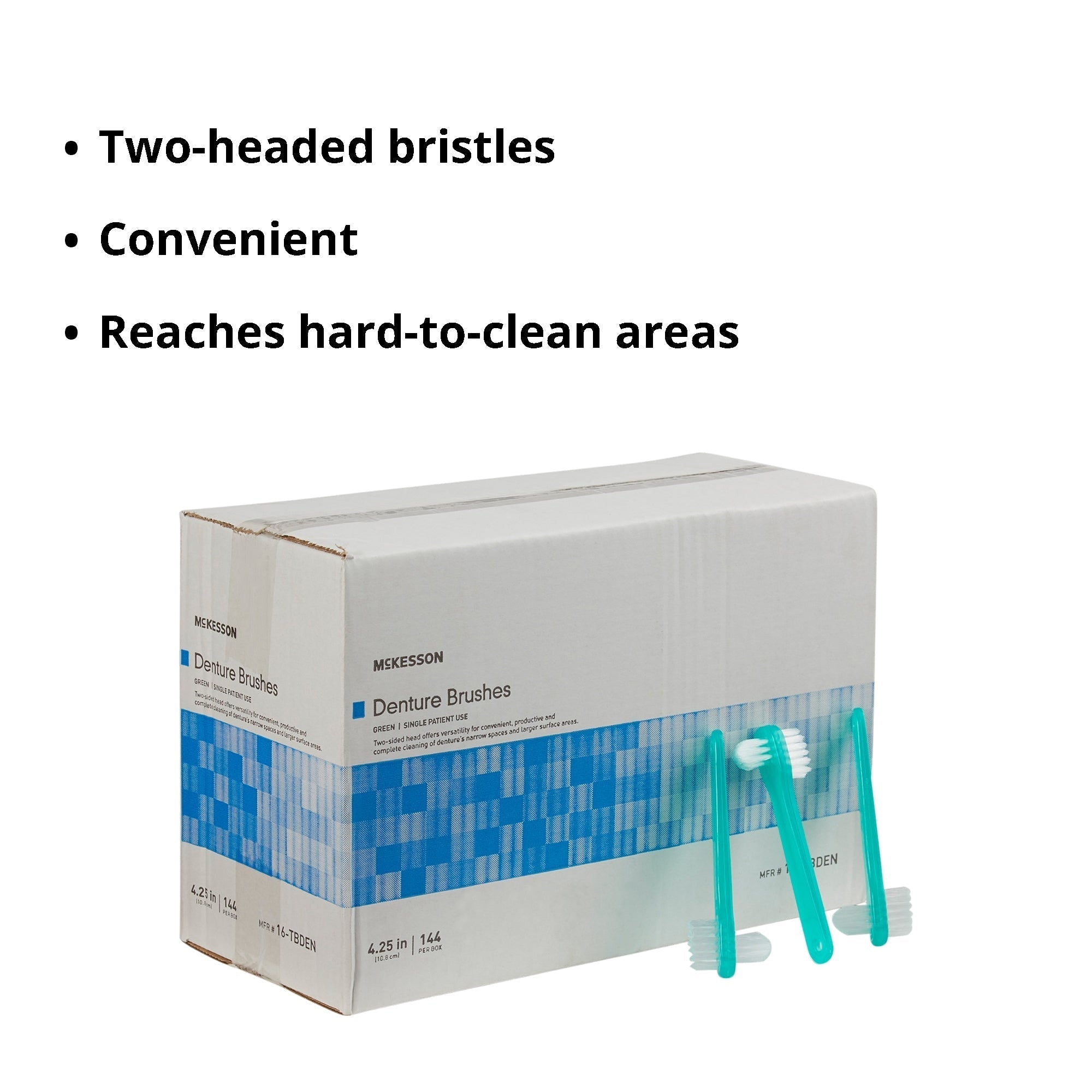 denture brush mckesson 2 sided bristle green packaging type box