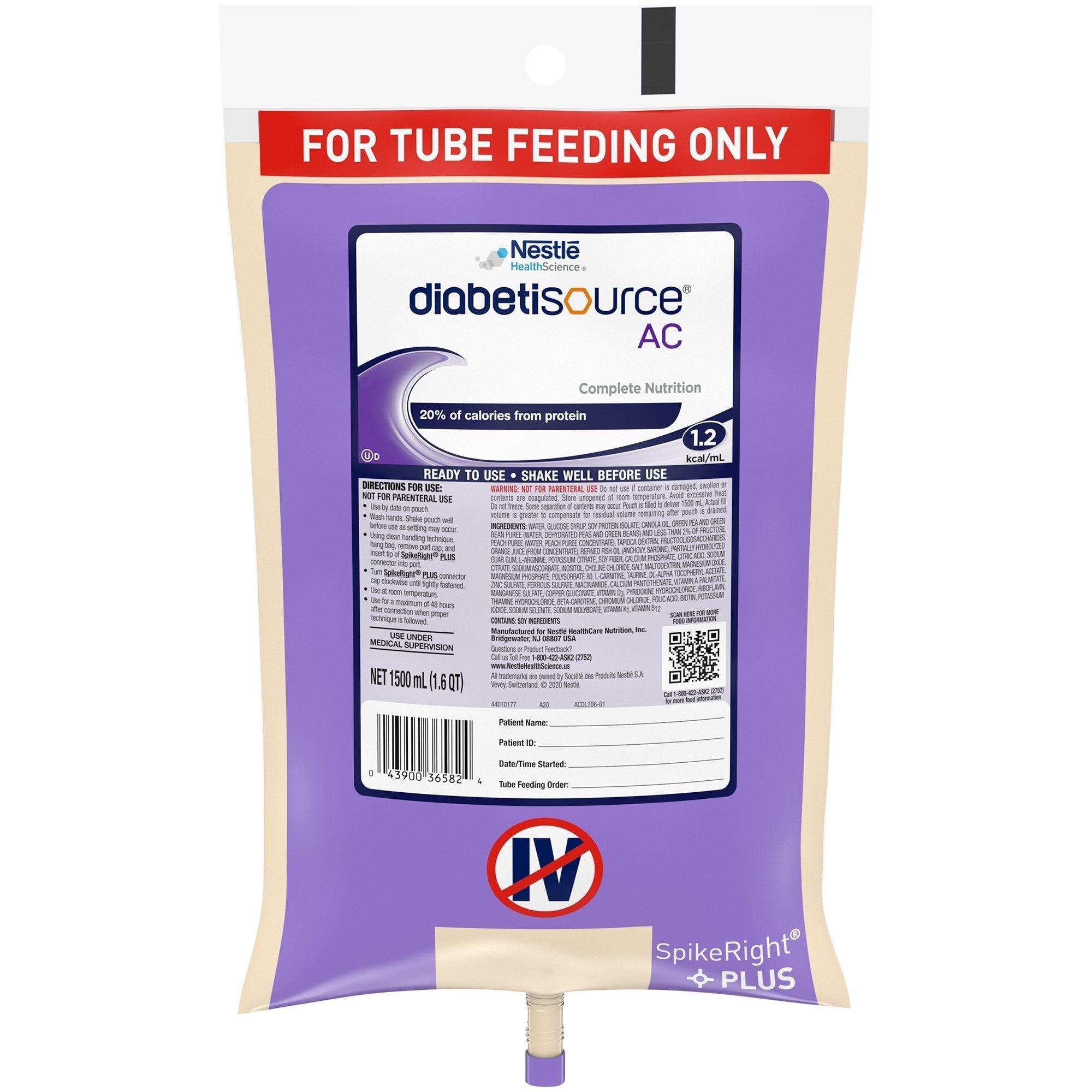 Tube Feeding Formula Diabetisource AC Unflavored Liquid 1500 mL Ready to Hang Prefilled Container