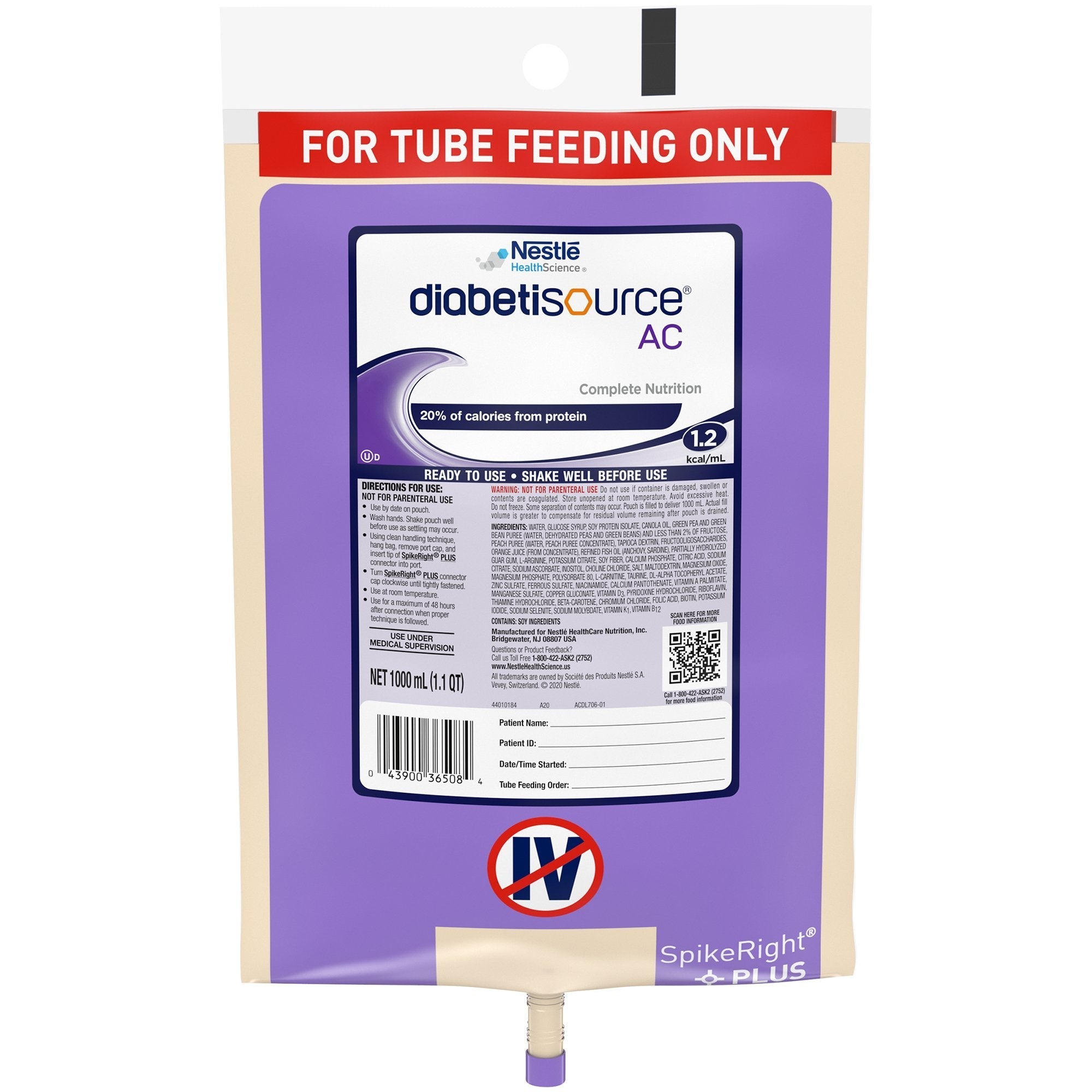 Tube Feeding Formula Diabetisource AC Unflavored Liquid 1000 mL Ready to Hang Prefilled Container