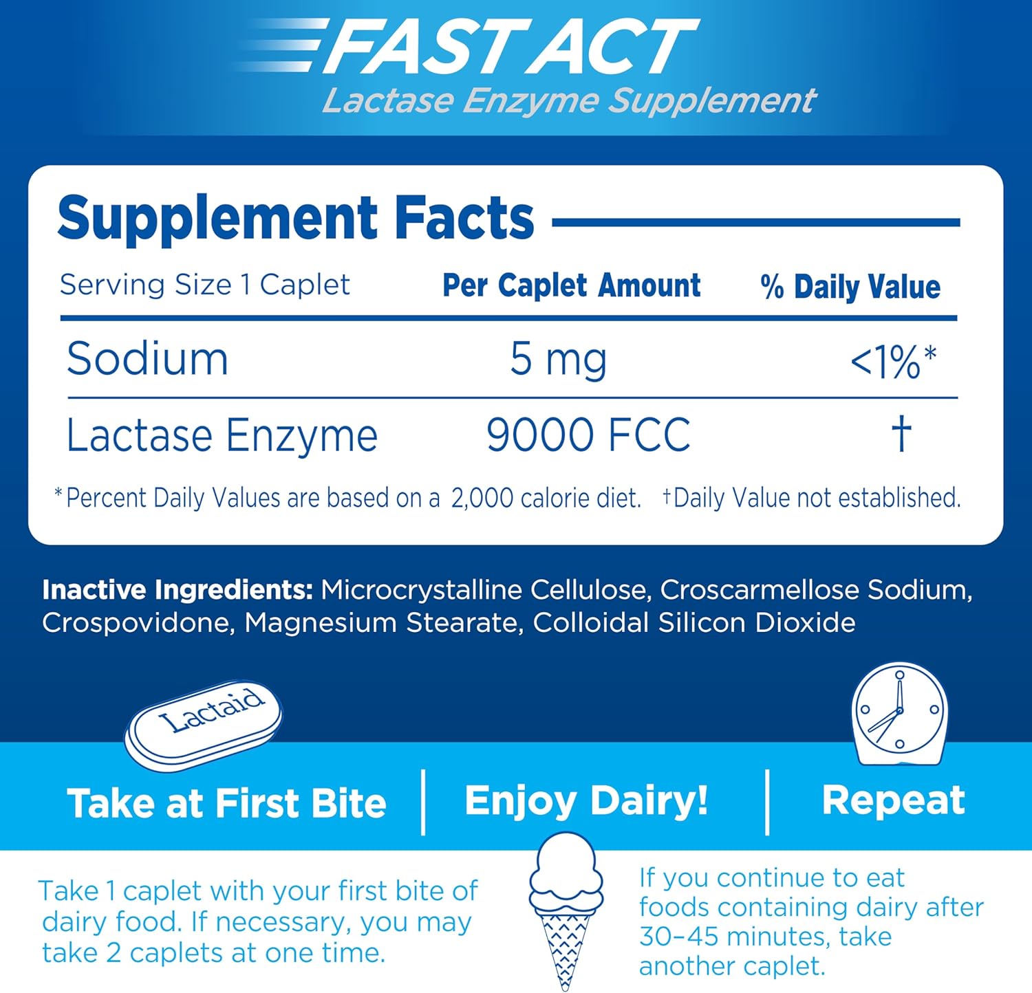 dietary supplement lactaid fast act lactase enzyme 9 000 fcc units strength tablet 60 per box packaging type box
