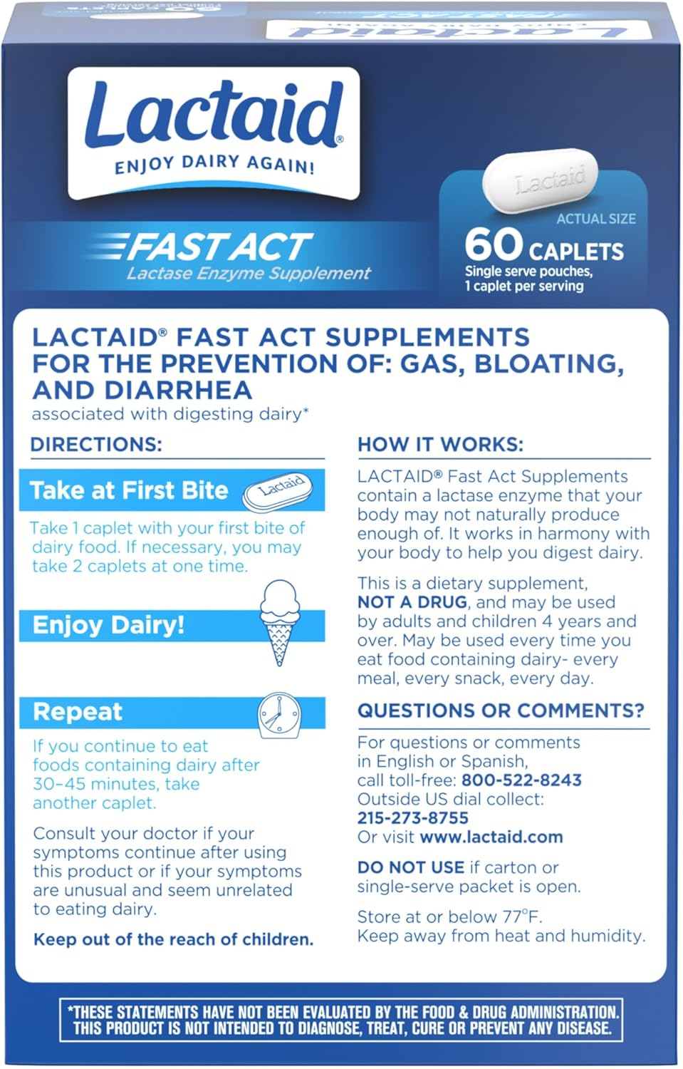 dietary supplement lactaid fast act lactase enzyme 9 000 fcc units strength tablet 60 per box packaging type box