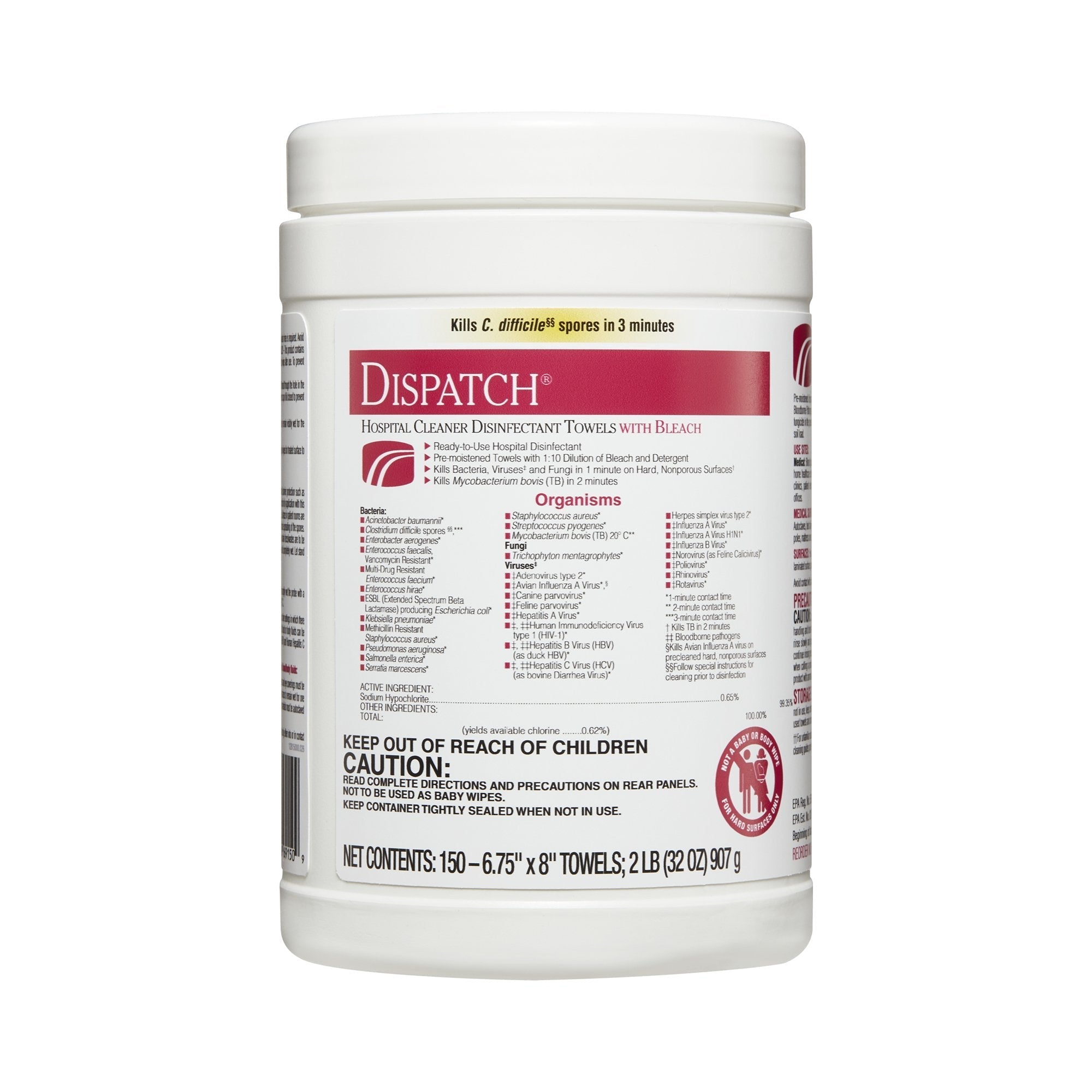 Dispatch with Bleach Surface Disinfectant Cleaner Premoistened Manual Pull Wipe 150 Count Canister Fruity Floral Bleach Scent NonSterile