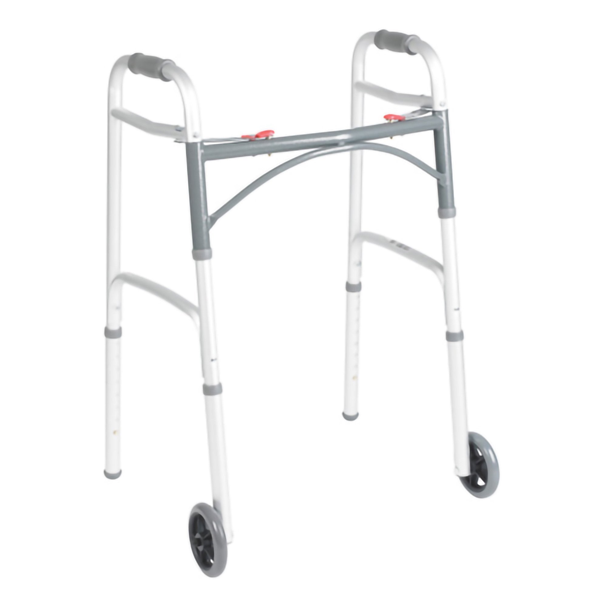 Dual Release Folding Walker with Wheels Adjustable Height McKesson Aluminum Frame 350 lbs. Weight Capacity 25 to 32 1/4 Inch Height