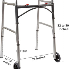 dual release folding walker with wheels adjustable height mckesson steel frame