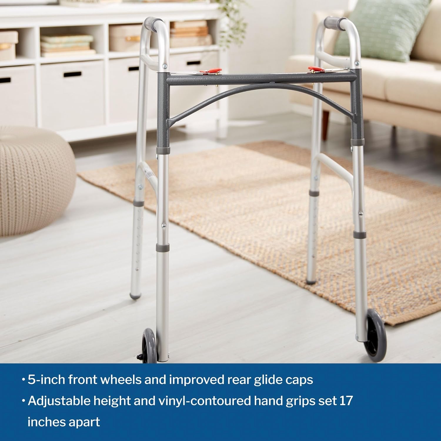 dual release folding walker with wheels adjustable height mckesson steel frame