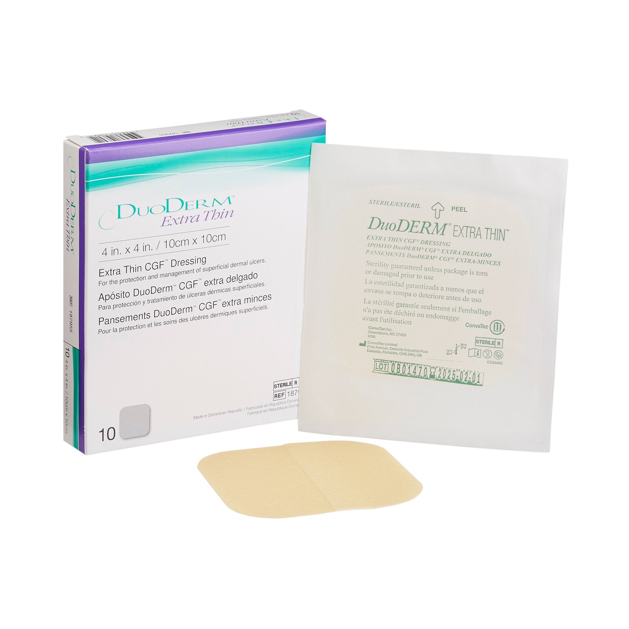 Thin Hydrocolloid Dressing DuoDERM Extra Thin CGF Film Backing 4 X 4 Inch Square Hydrocolloid / Film