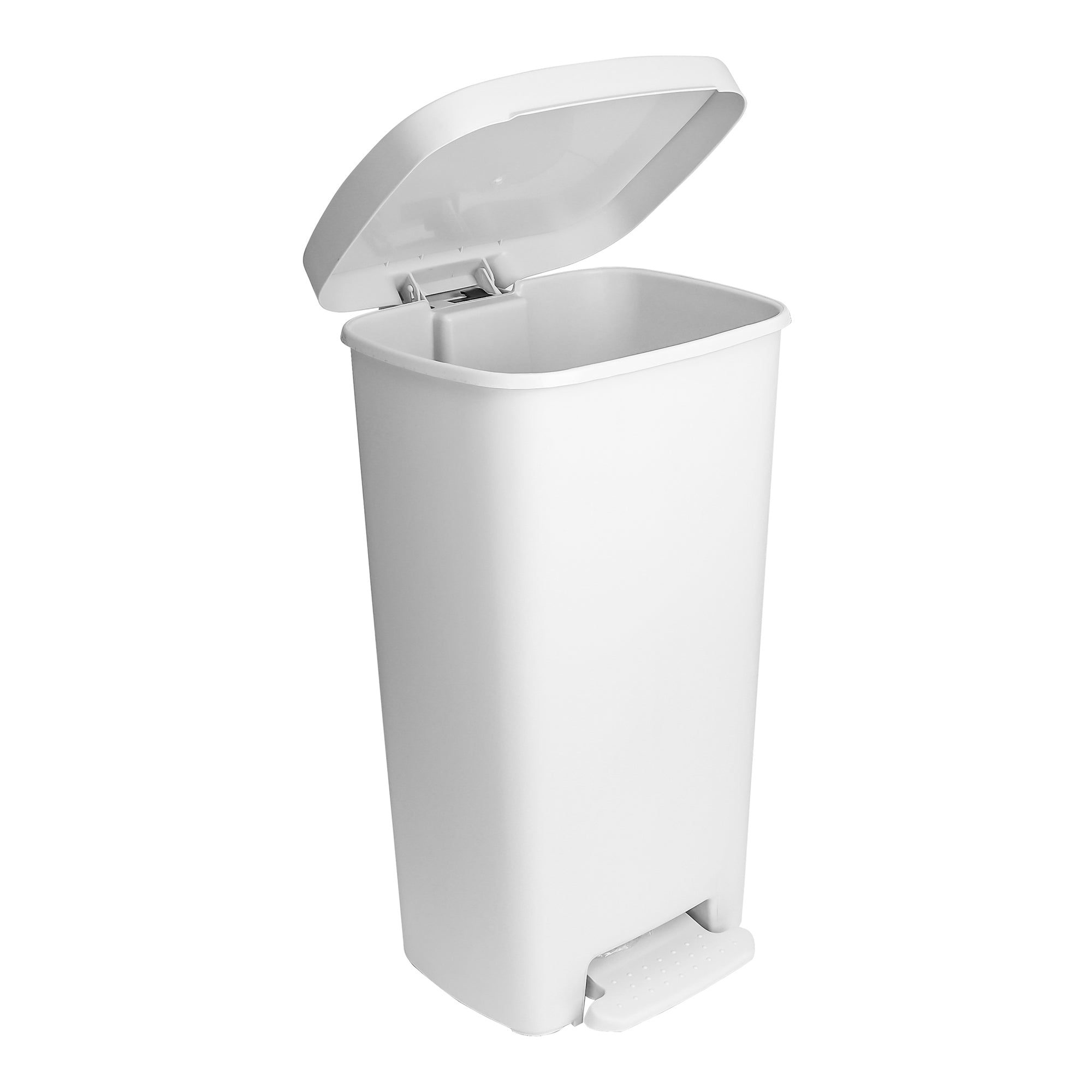 White pedal trash can with open lid