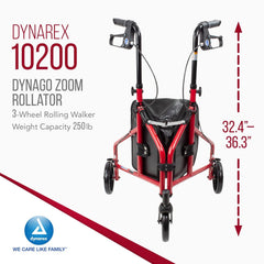Dynarex DynaGo Zoom 3-Wheel Rollator Walker | Lightweight Aluminum Rollator with Storage Pouch
