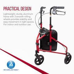 Dynarex DynaGo Zoom 3-Wheel Rollator Walker | Lightweight Aluminum Rollator with Storage Pouch