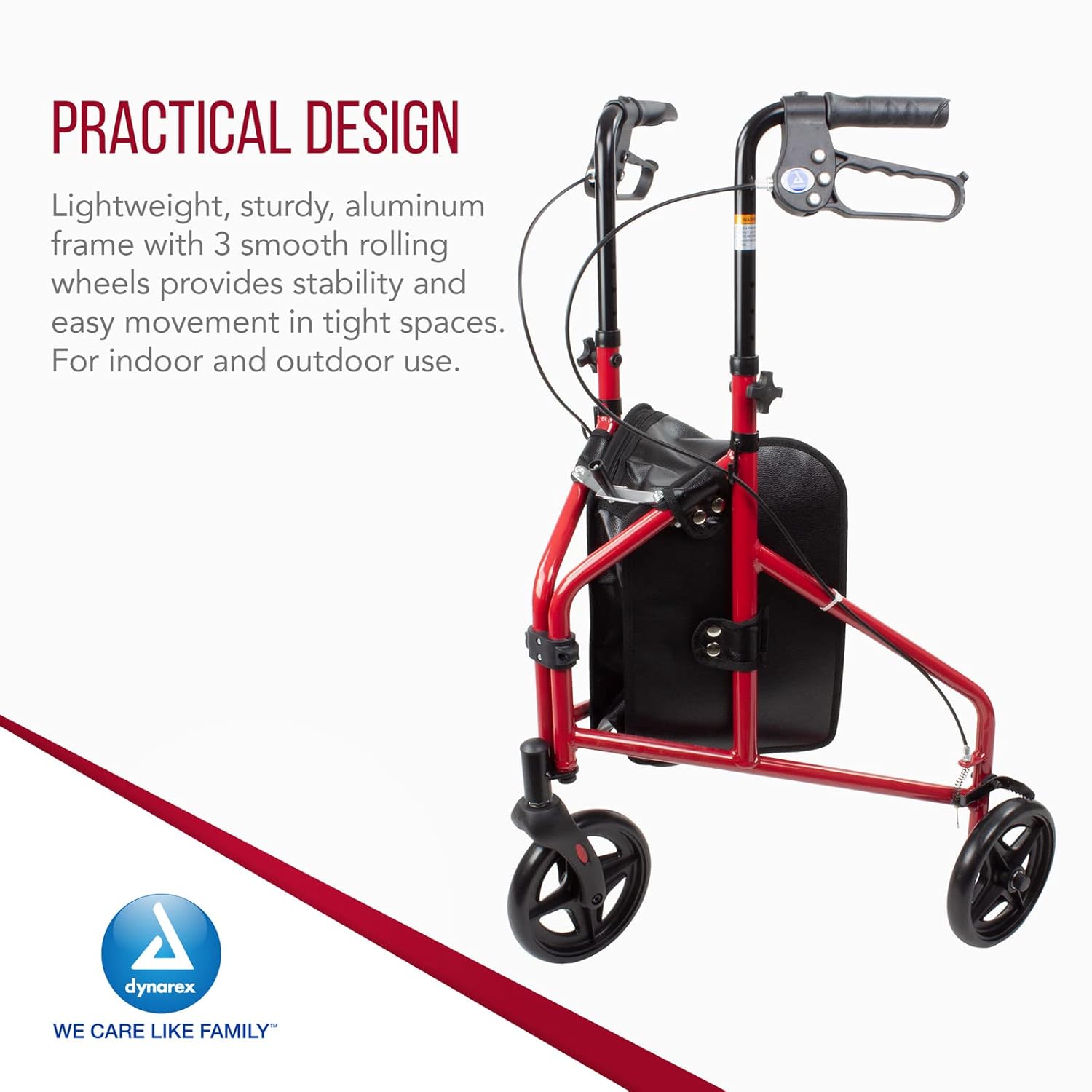 Dynarex DynaGo Zoom 3-Wheel Rollator Walker | Lightweight Aluminum Rollator with Storage Pouch