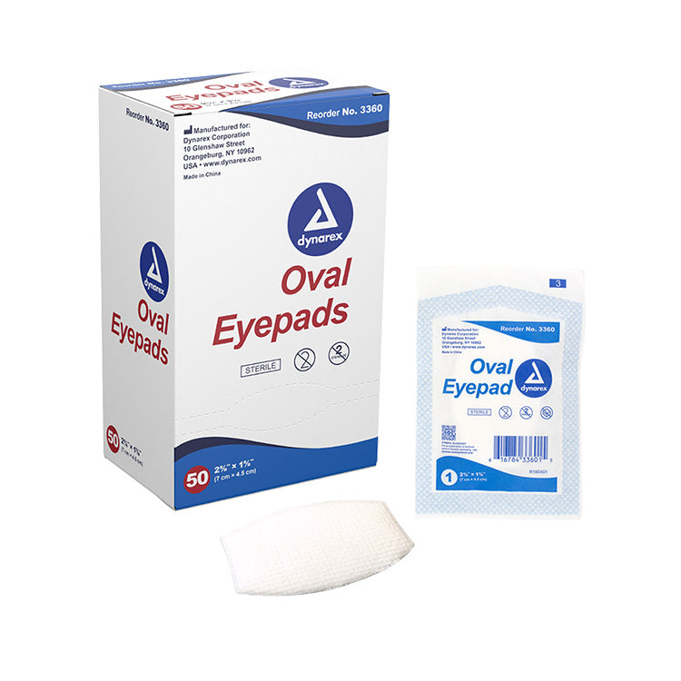 Dynarex Oval Eyepads packaging with a single pad displayed on a white background
