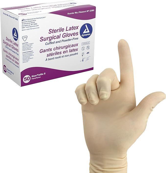 dynarex sterile latex surgical gloves powder free 50pairs 4cs