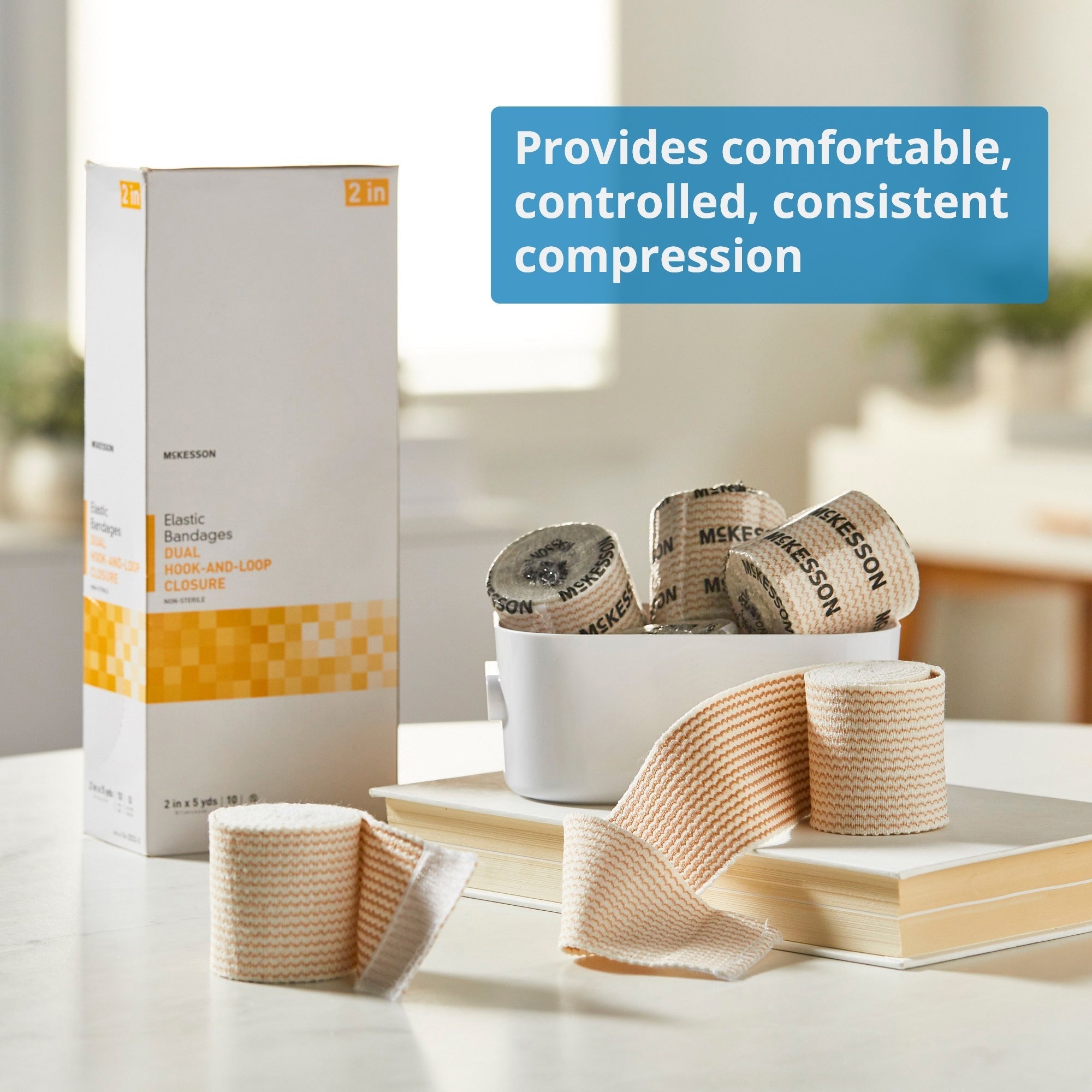 elastic bandage mckesson 2 inch x 5 yard double hook and loop closure tan nonsterile standard compression packaging type box