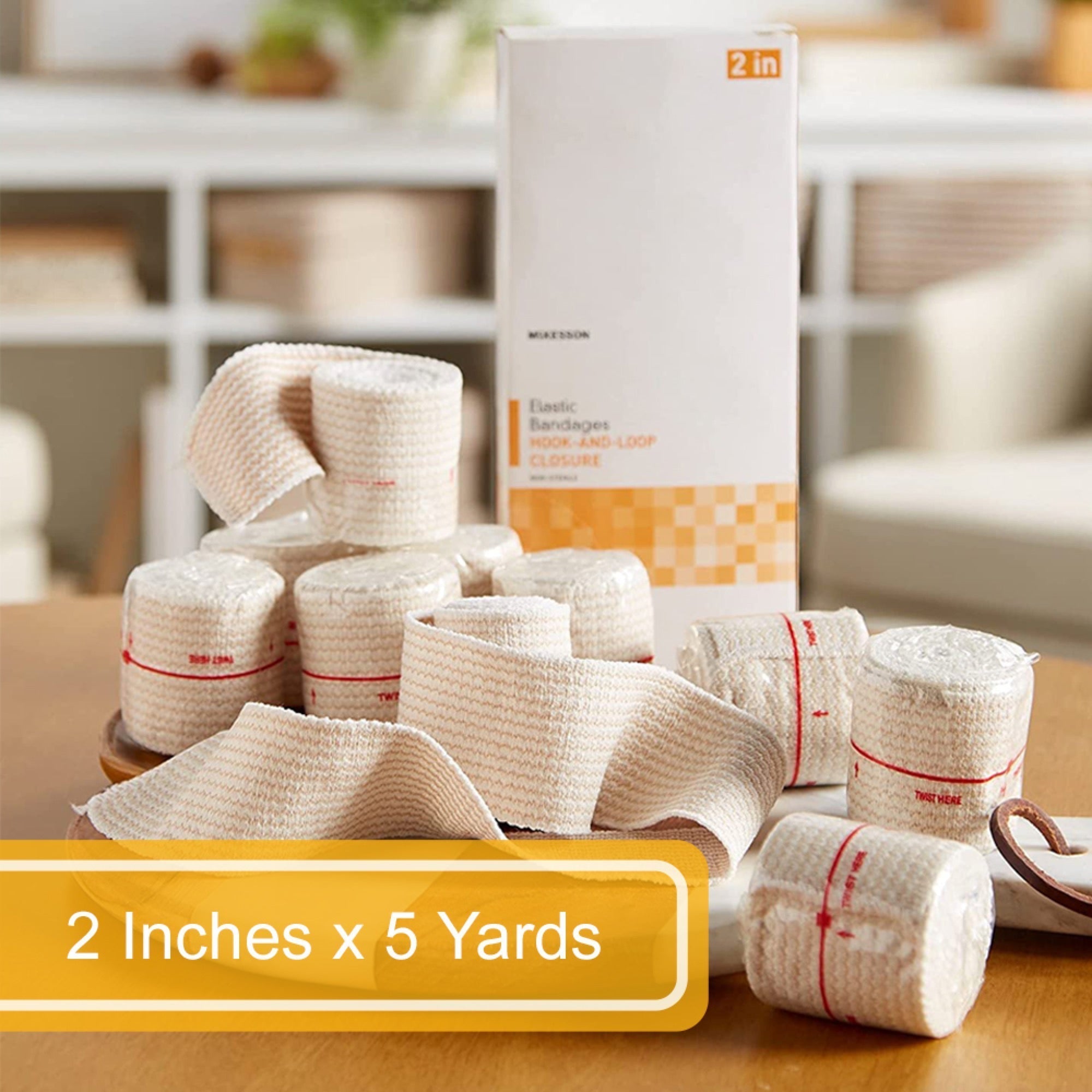 elastic bandage mckesson 2 inch x 5 yard single hook and loop closure tan nonsterile standard compression packaging type box