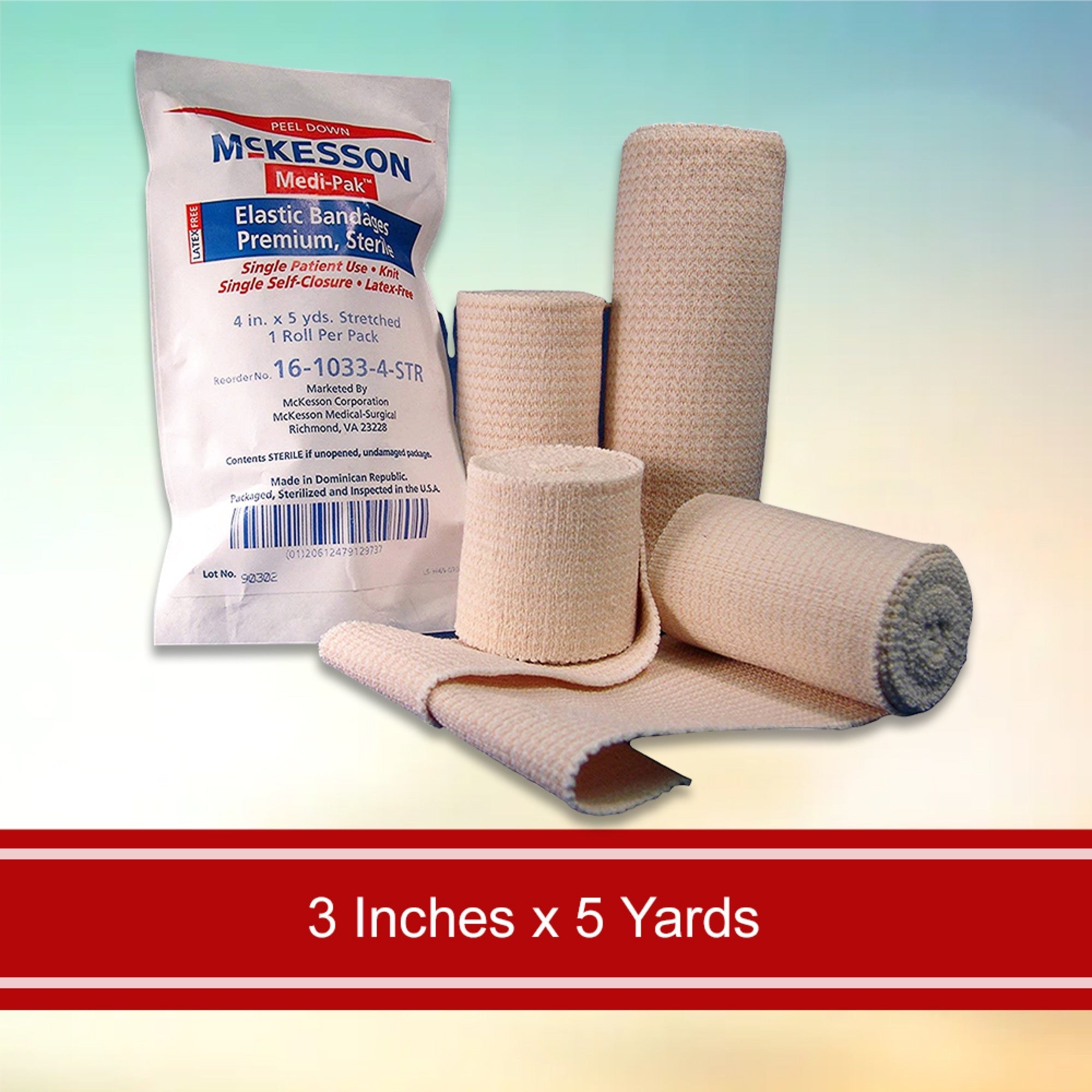 elastic bandage mckesson 3 inch x 5 yard single hook and loop closure tan sterile standard compression