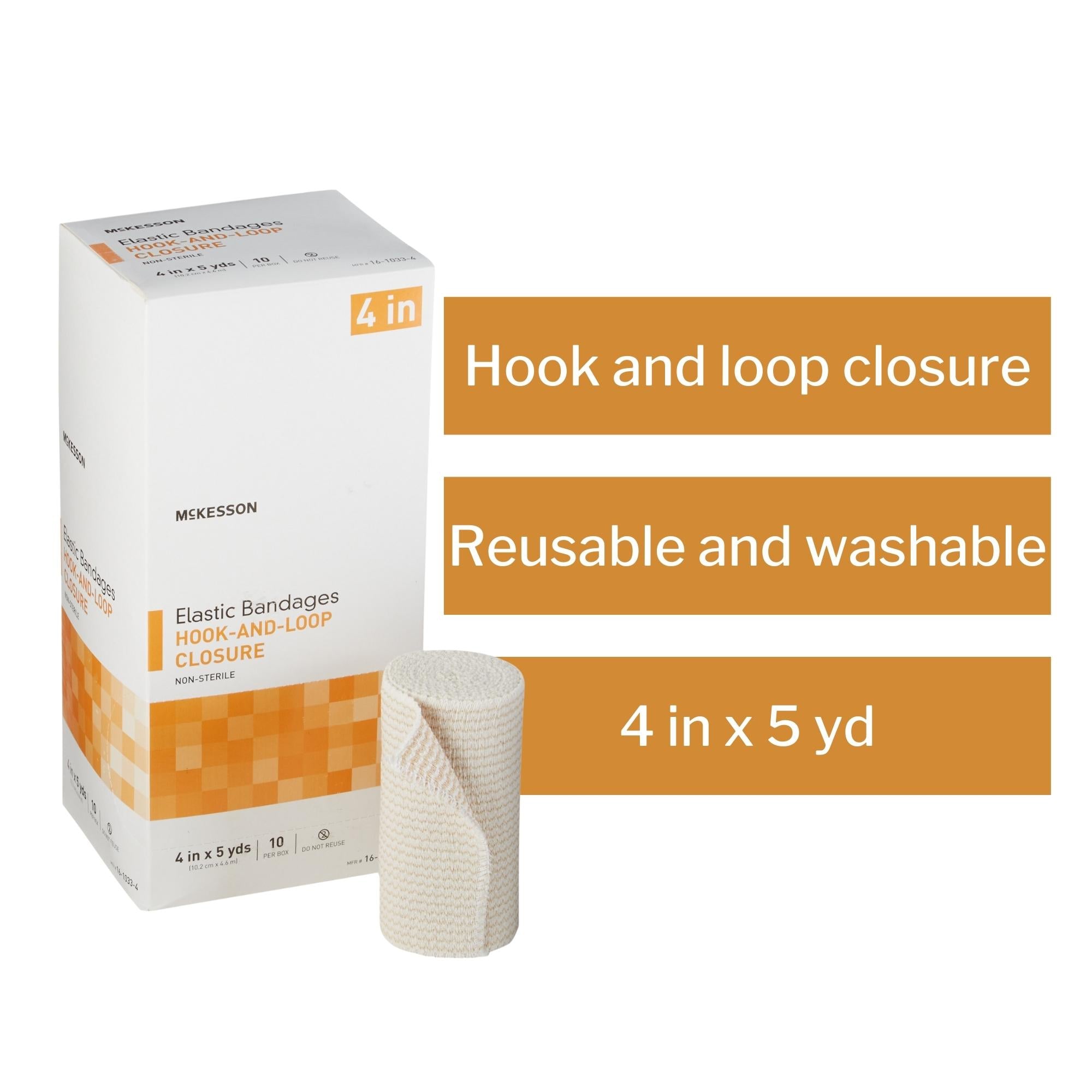 elastic bandage mckesson 4 inch x 5 yard single hook and loop closure tan nonsterile standard compression packaging type box