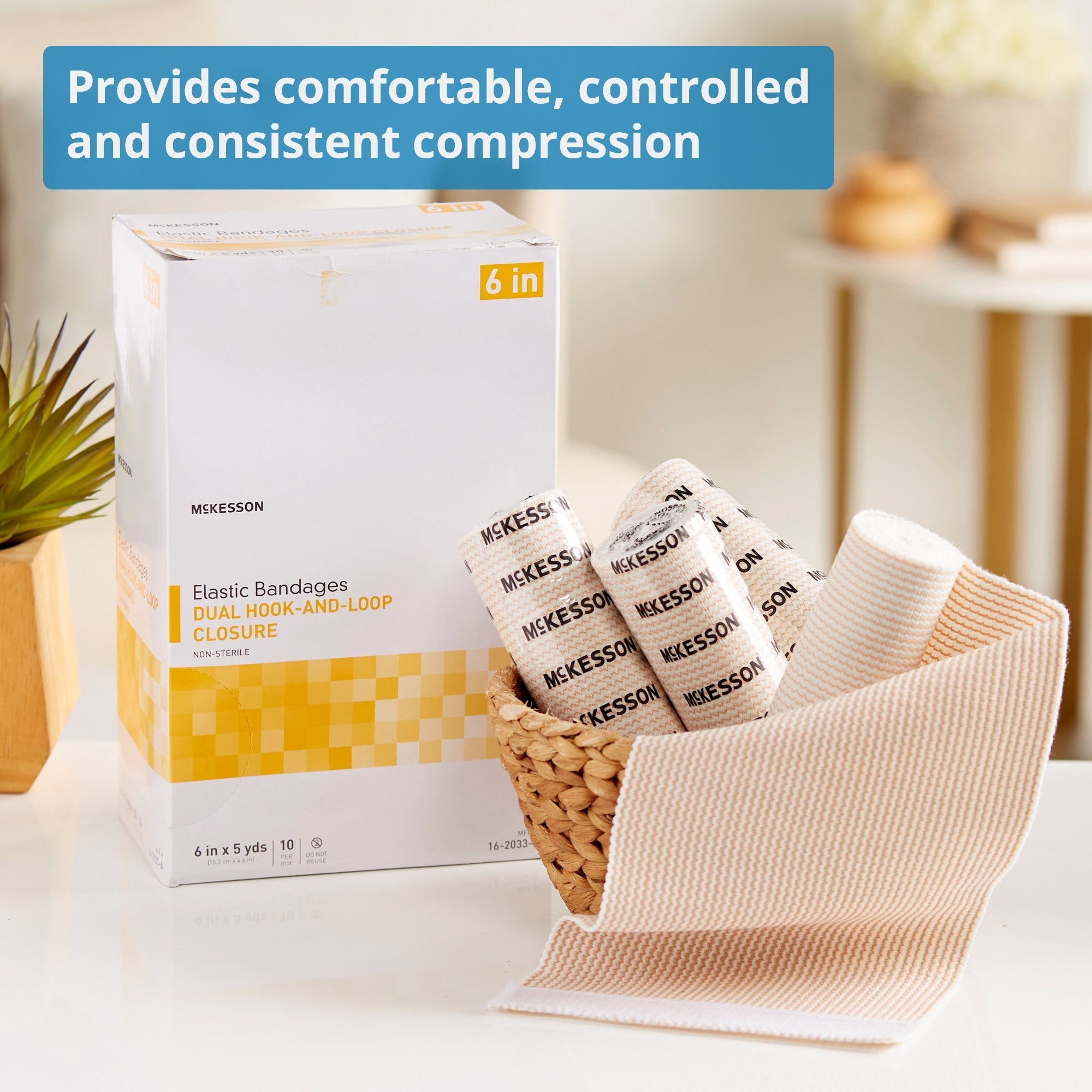 elastic bandage mckesson 6 inch x 5 yard double hook and loop closure tan nonsterile standard compression packaging type box