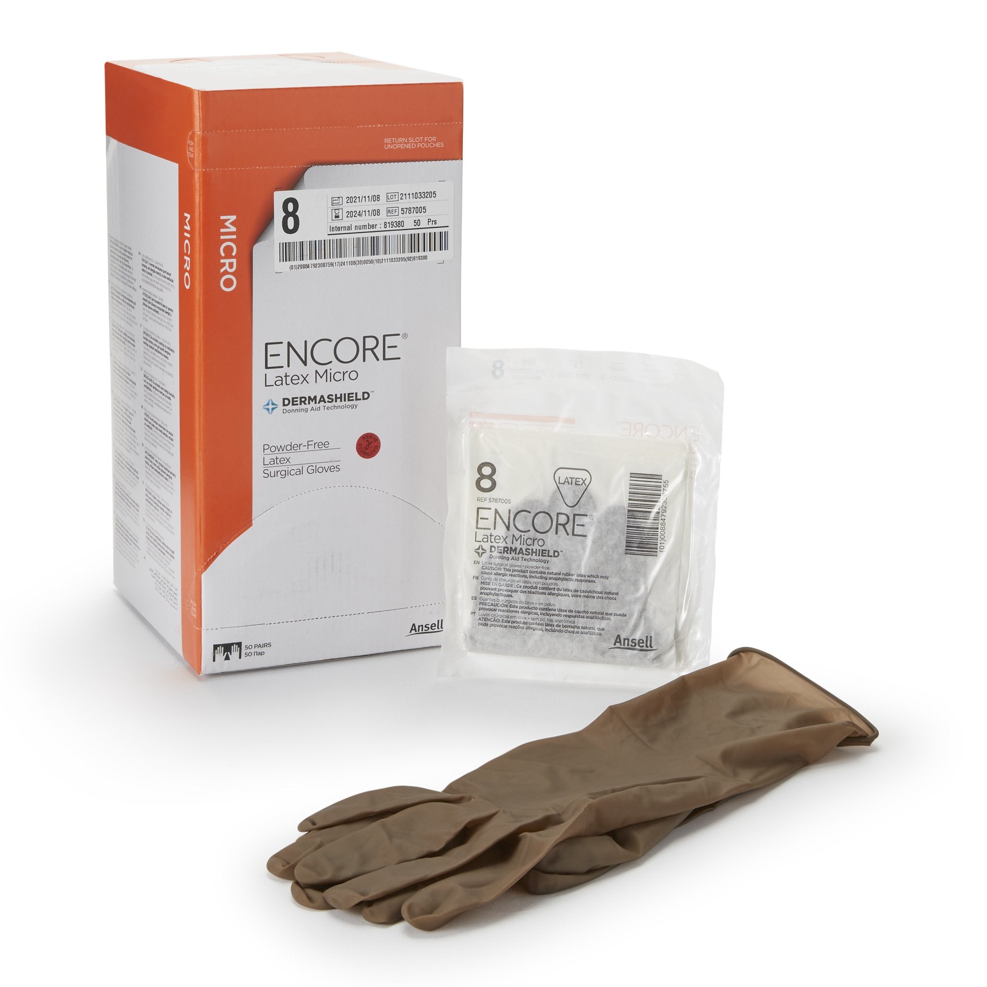 Surgical Glove ENCORE Latex Micro Size 8 Sterile Latex Standard Cuff Length Micro Textured Brown Chemo Tested