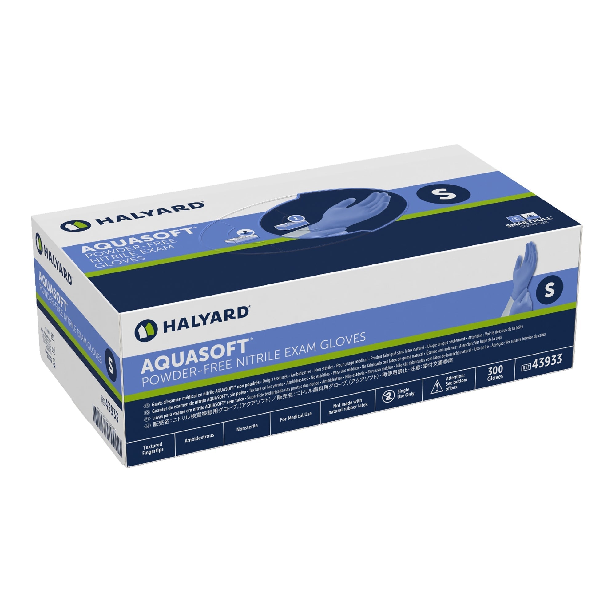 exam glove aquasoft small nonsterile nitrile standard cuff length textured fingertips blue chemo tested packaging type case