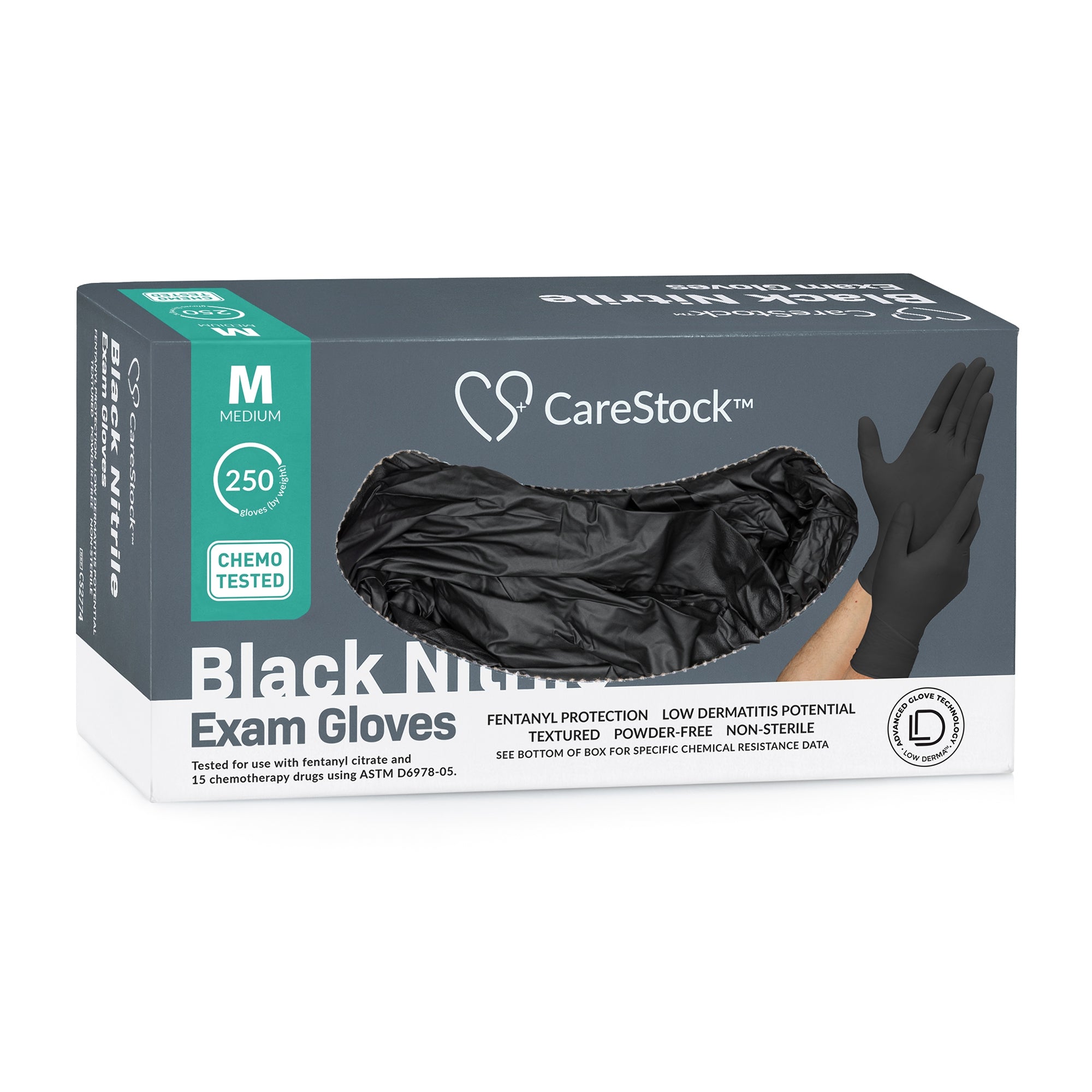 exam glove carestock medium nonsterile nitrile standard cuff length fully textured black not rated packaging type case