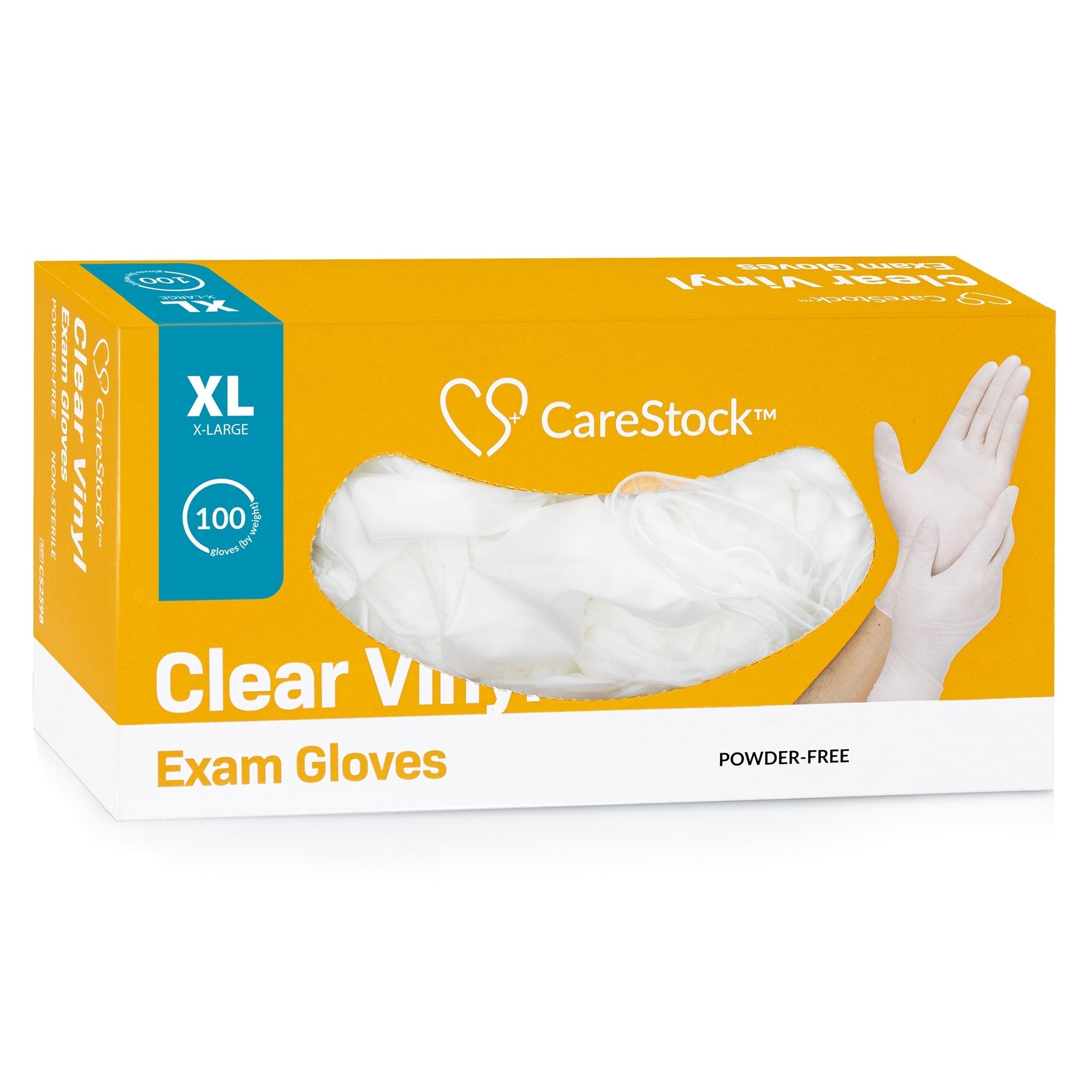 exam glove carestock x large nonsterile vinyl standard cuff length smooth clear not rated packaging type case
