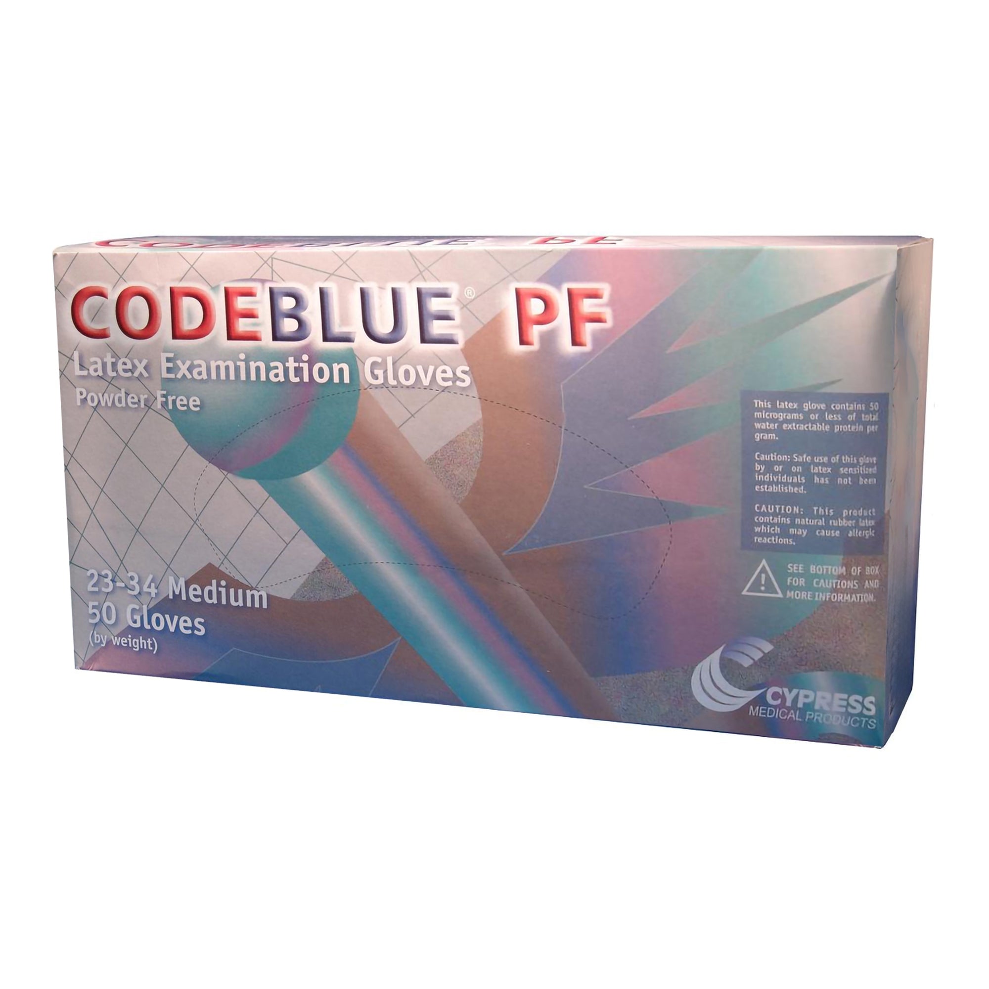 exam glove codeblue pf medium nonsterile latex extended cuff length fully textured blue not rated packaging type box