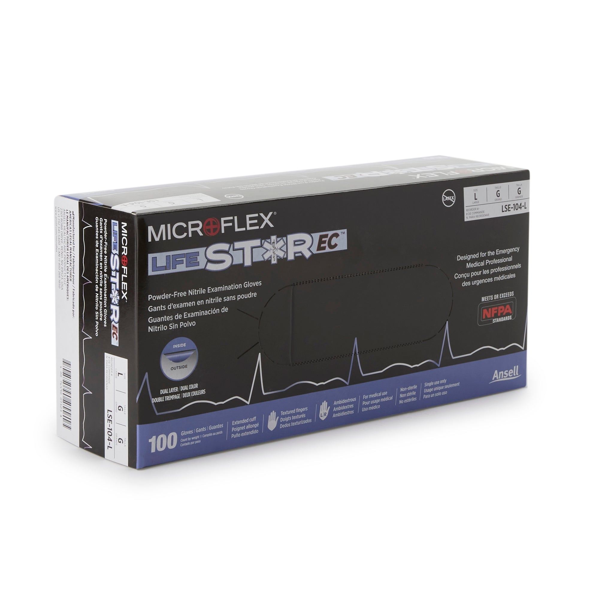 exam glove lifestar ec large nonsterile nitrile extended cuff length textured fingertips white blue fentanyl tested packaging type case