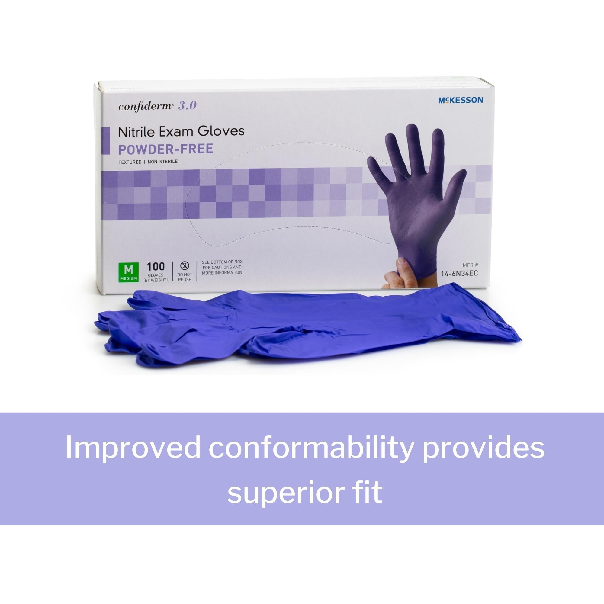 exam glove mckesson confiderm 3 0 medium nonsterile nitrile standard cuff length textured fingertips blue not rated packaging type box